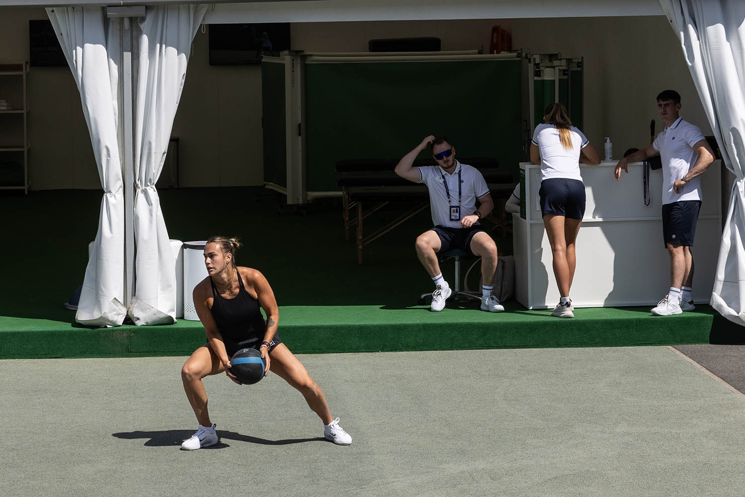 Player Aryna Sabelenka trains before her match with Emma Raducanu