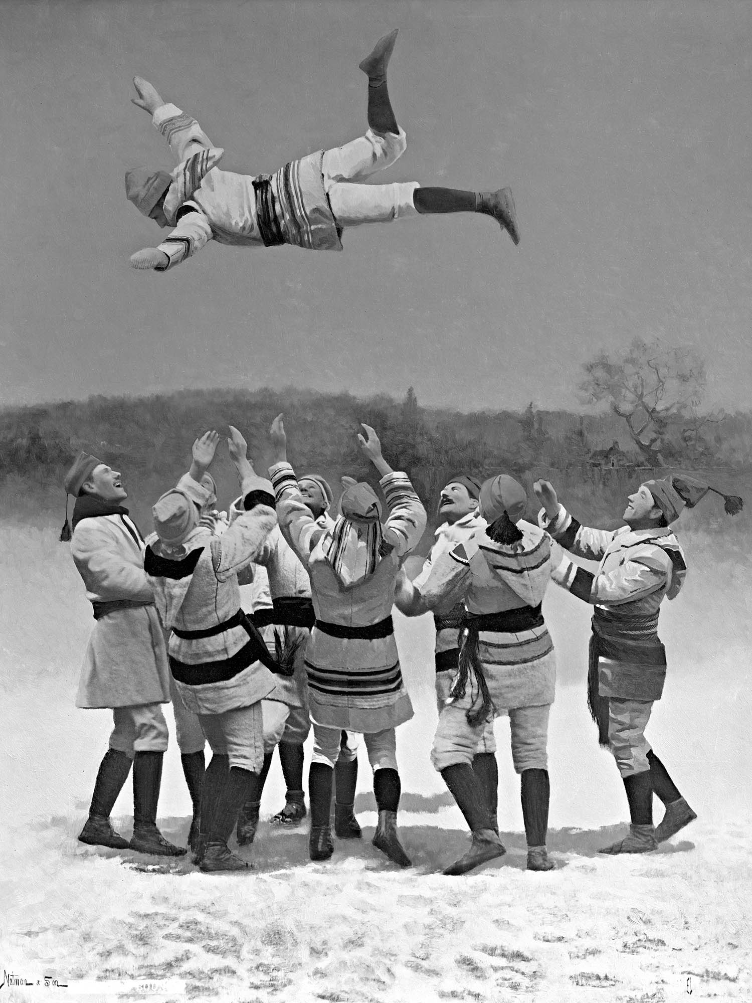 Members of the Montreal Snow Shoe Club fling a fellow rambler skywards in The Bounce