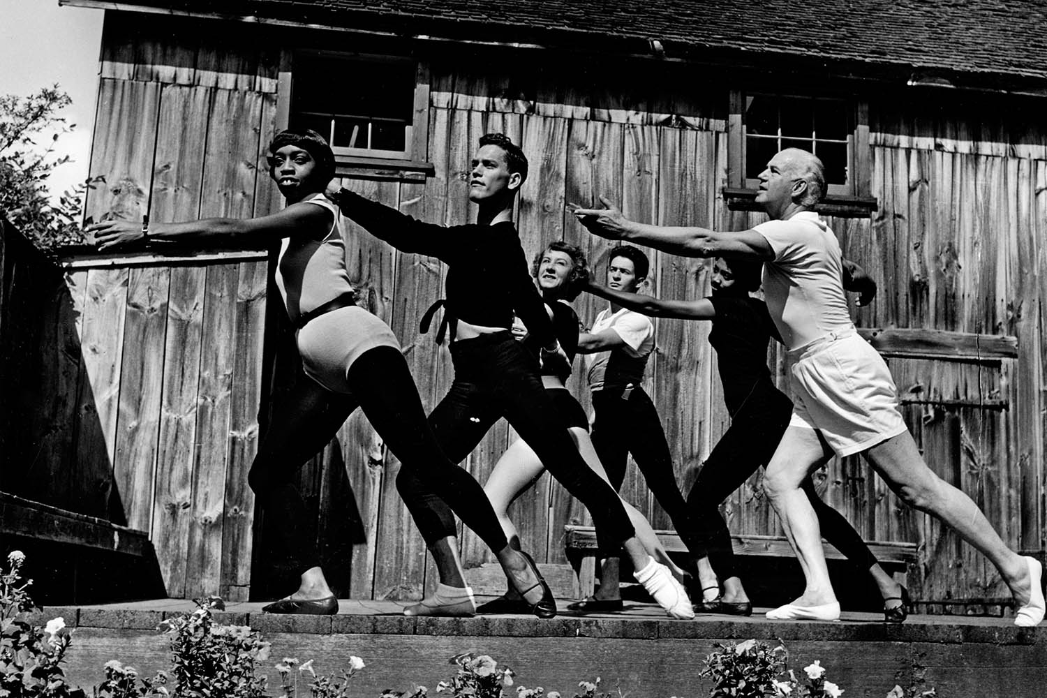 Pioneer of modern dance Ted Shawn (far right) leads a class in 1954