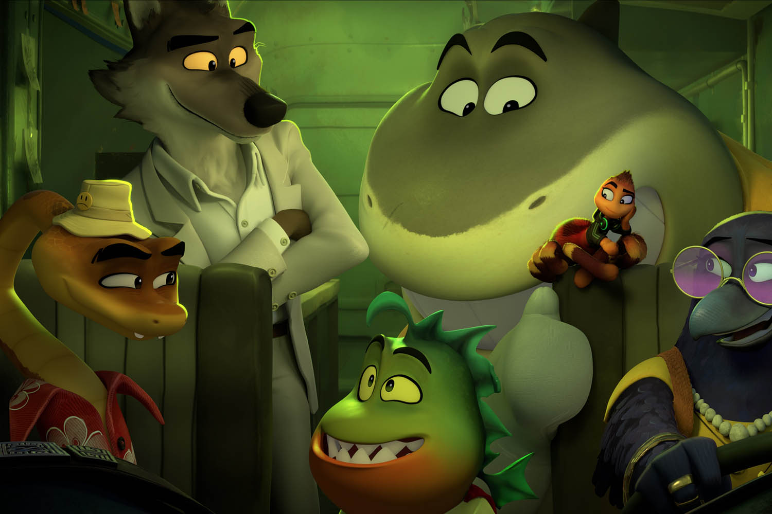 Mr Snake (Marc Maron), Mr Wolf (Sam Rockwell), Mr Piranha (Anthony Ramos), Mr Shark (Craig Robinson), Ms Tarantula (Awkwafina) and Doom (Natasha Lyonne) in The Bad Guys 2