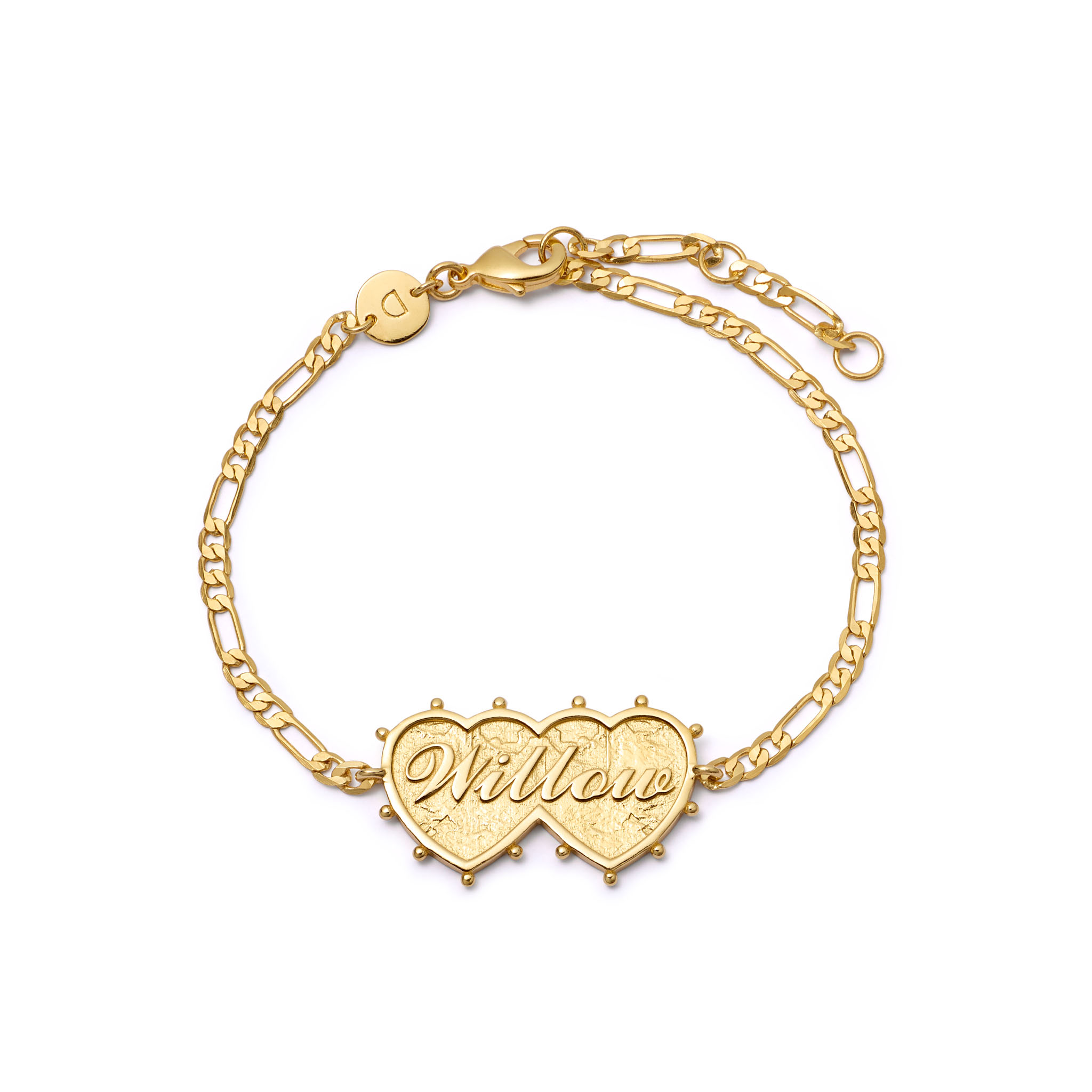 Heart to heartPart of Daisy jewellery's collection with Shrimps, this double heart bracelet is inspired by Shrimps founder Hannah Weiland’s love of Victorian jewellery. The double heart bracelet is based on the sweetheart brooch style of the era and can be engraved with a name of your choice. £149, Daisy