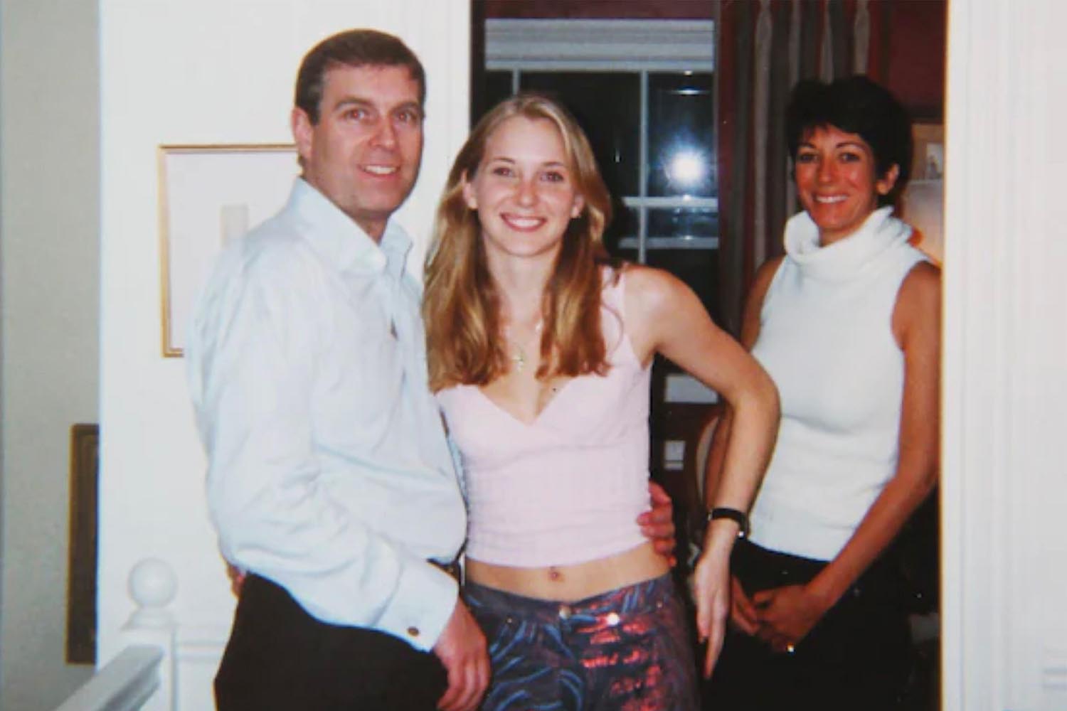 The infamous photograph of Prince Andrew, Virginia Giuffre, who died earlier this year, and Ghislaine Maxwell