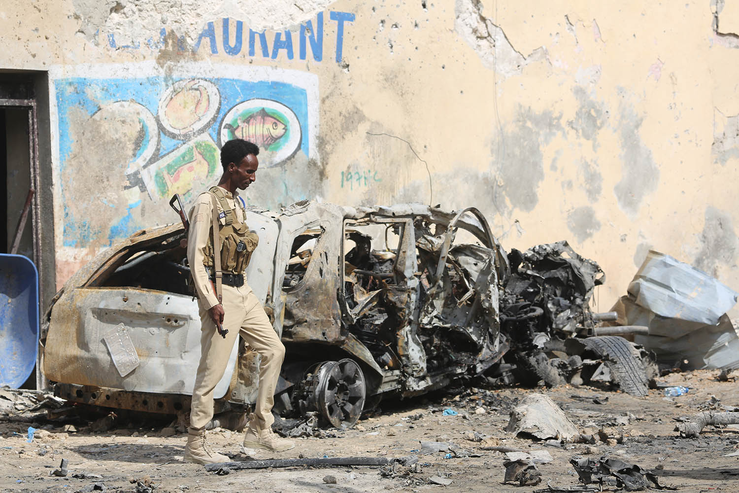 The aftermath of an attack in Mogadishu near the presidential palace in September 2024