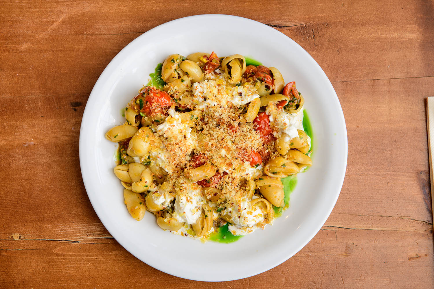‘Alternately splodged with pesto and stracciatella’: orecchiette, pistachio and basil pesto