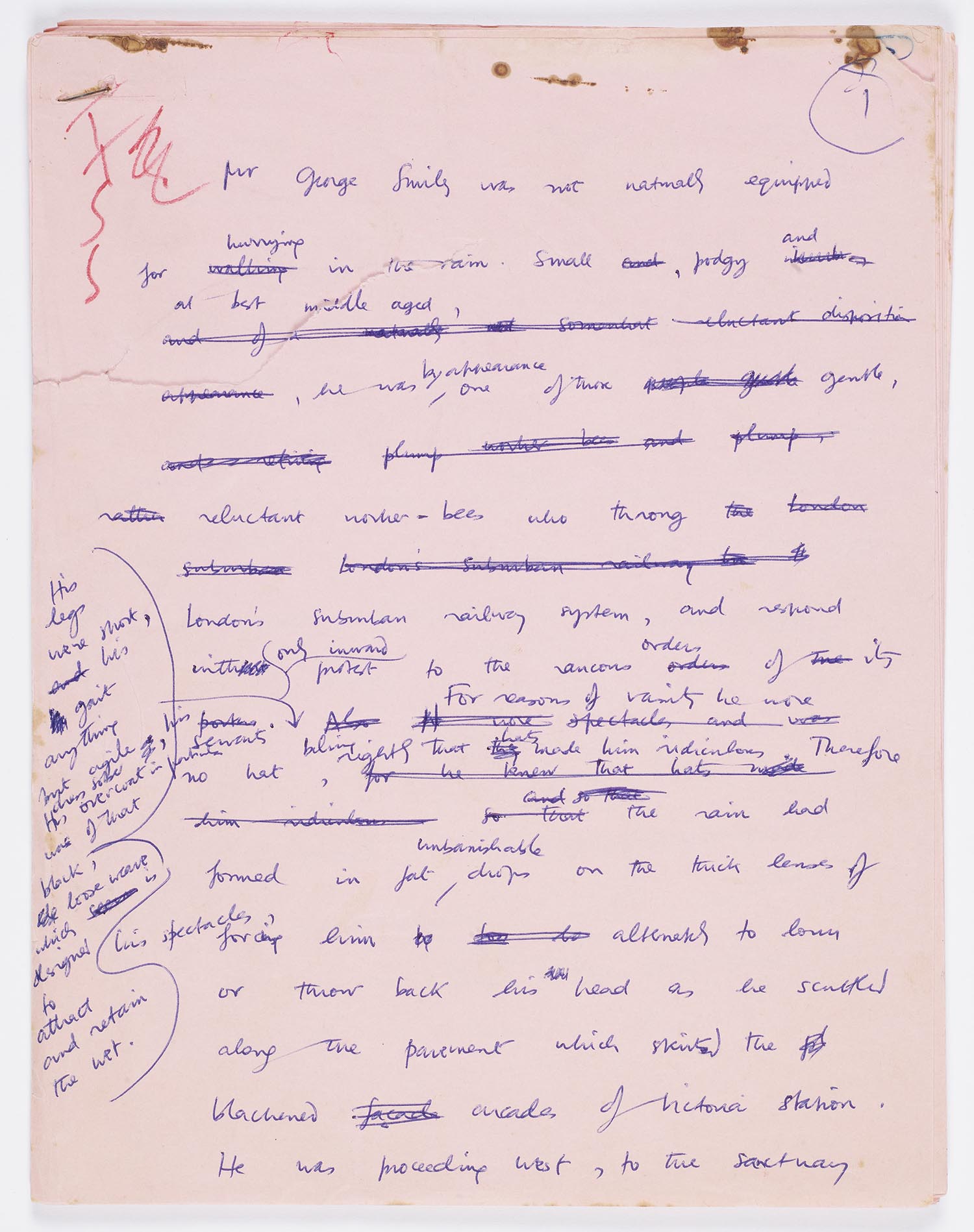 A handwritten draft of Tinker Tailor Soldier Spy, introducing the ‘podgy’ George Smiley, is on display at the exhibition
