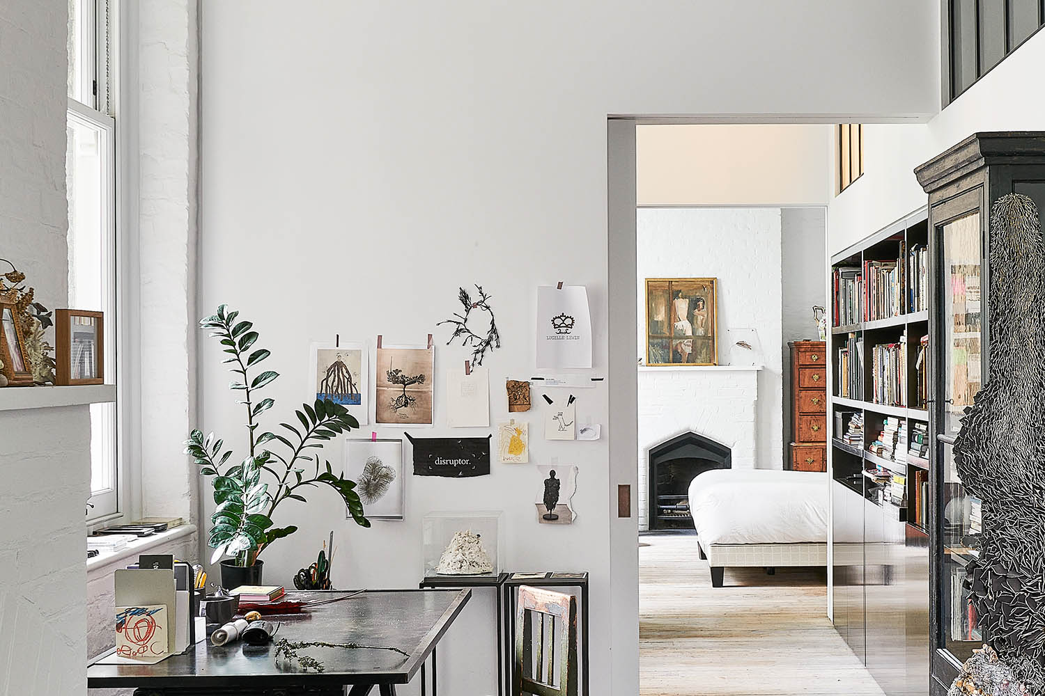 Visions in white: the desk where Lewin sketches out her sculptures, and Richard’s room beyond