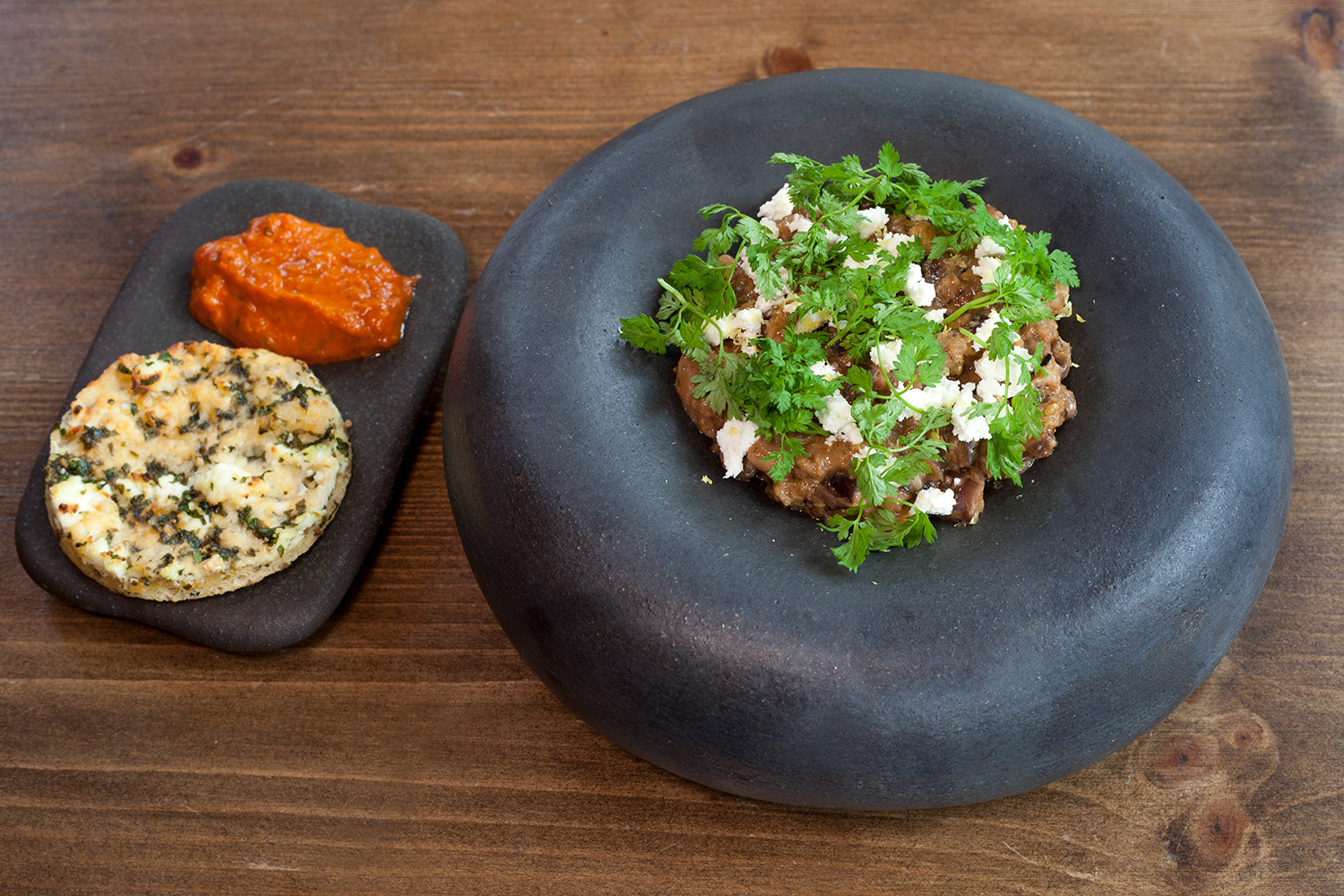‘Murmurs of satisfaction’: aubergine, smoked goats cheese and Kyma cheese bread