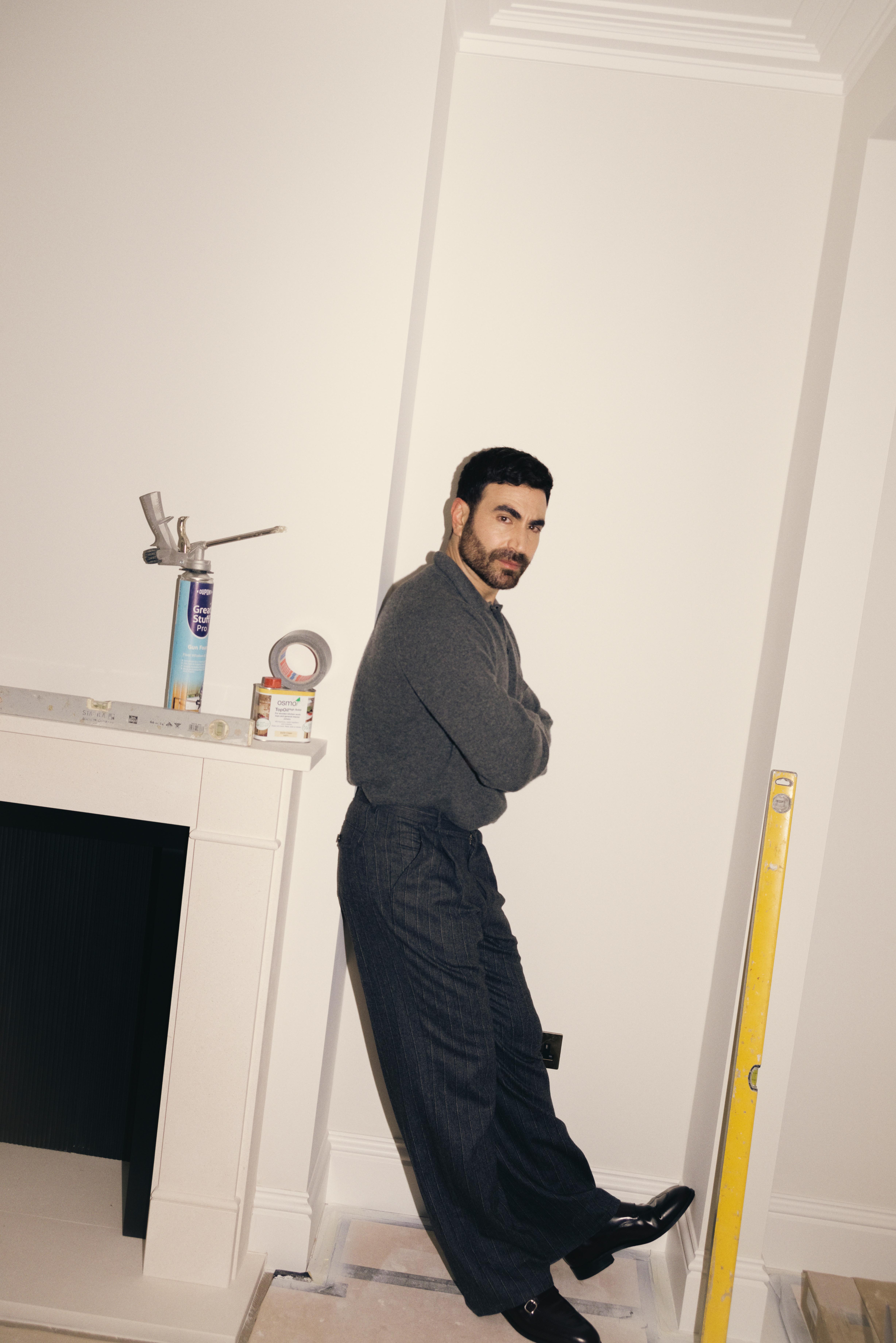 Shades of grey: jumper by Connolly; trousers by Oliver Spencer; and shoes by Russell & Bromley