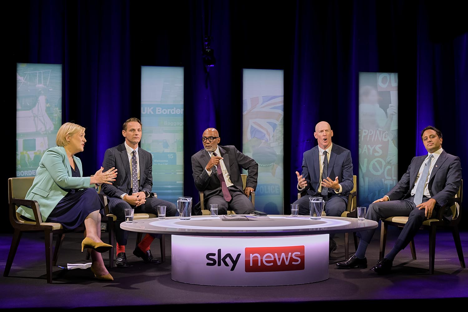 ‘Grisly bickering’: Liberal Democrat MP Lisa Smart, Home Office minister Mike Tapp, presenter Trevor Phillips, shadow justice minister Kieran Mullan and Zia Yusuf of Reform UK during The Immigration Debate