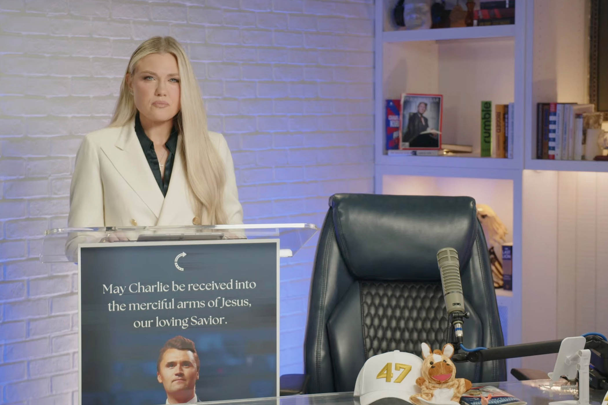 Kirk’s widow Erika delivered a speech from her husband’s office, shaking with rage and grief