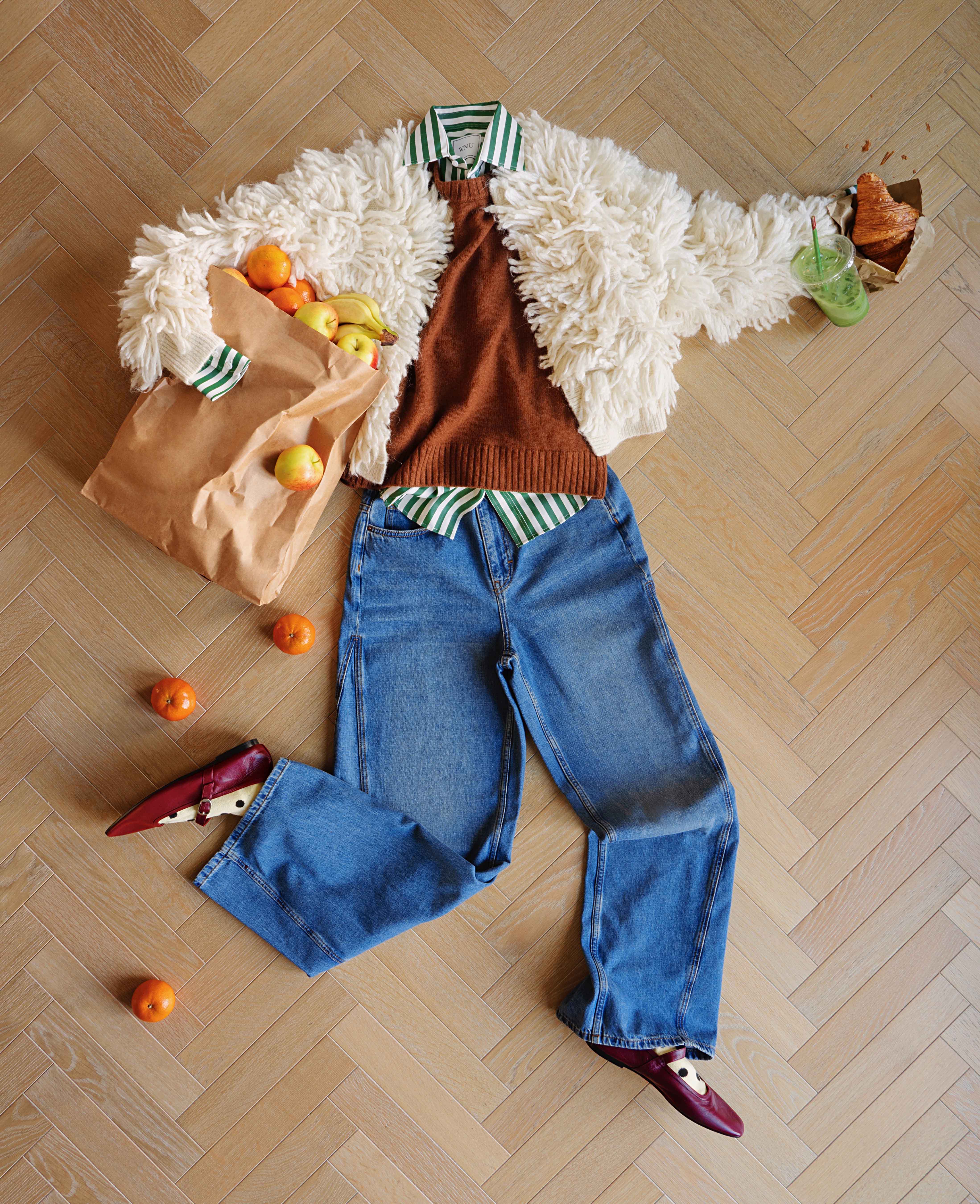 Wool blend cardigan £149, John Lewis. Jumper £99, Jigsaw. Shirt £120, WNU. Jeans £195, ME+EM. Socks £12, Damson Madder. Mary Janes £415, Le Monde Béryl