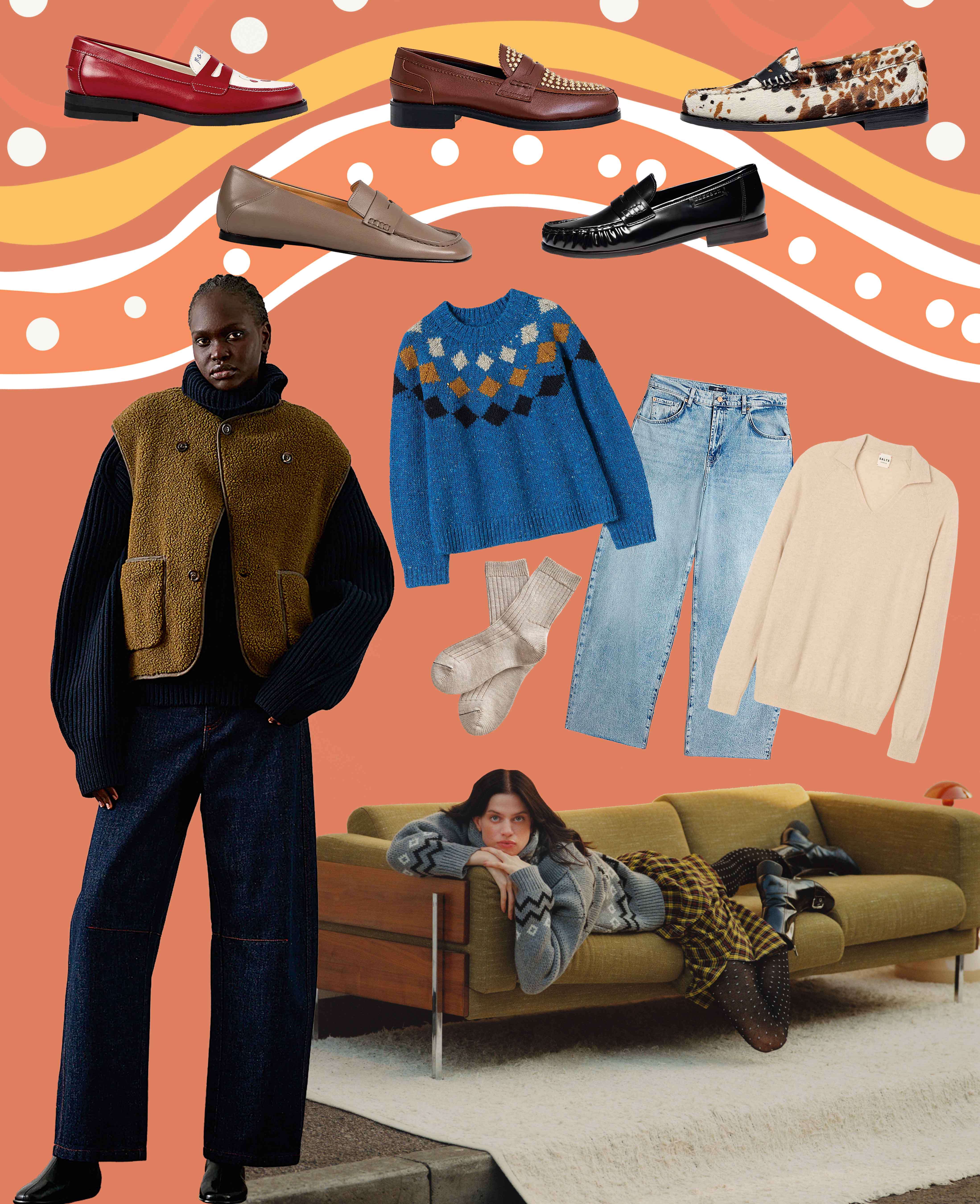 Loafers from left to right: Cherry £270, Duke &amp; Dexter. Putty £490, Dear Frances. Studded £305, Essentiel Antwerp. Black £195, Grenson. Cow £220, G.H.BASS. Standing model wears jacket £240, jumper £365, jeans £200, boot £365, all Souer. Donegal sweater £225, Toast. Socks £24, Rock and Ruby. Jeans £210, 7 For all Mankind. Polo sweater £200, SALTS. Laying model wears cardigan £125 and skirt £80, both Damson Madder.