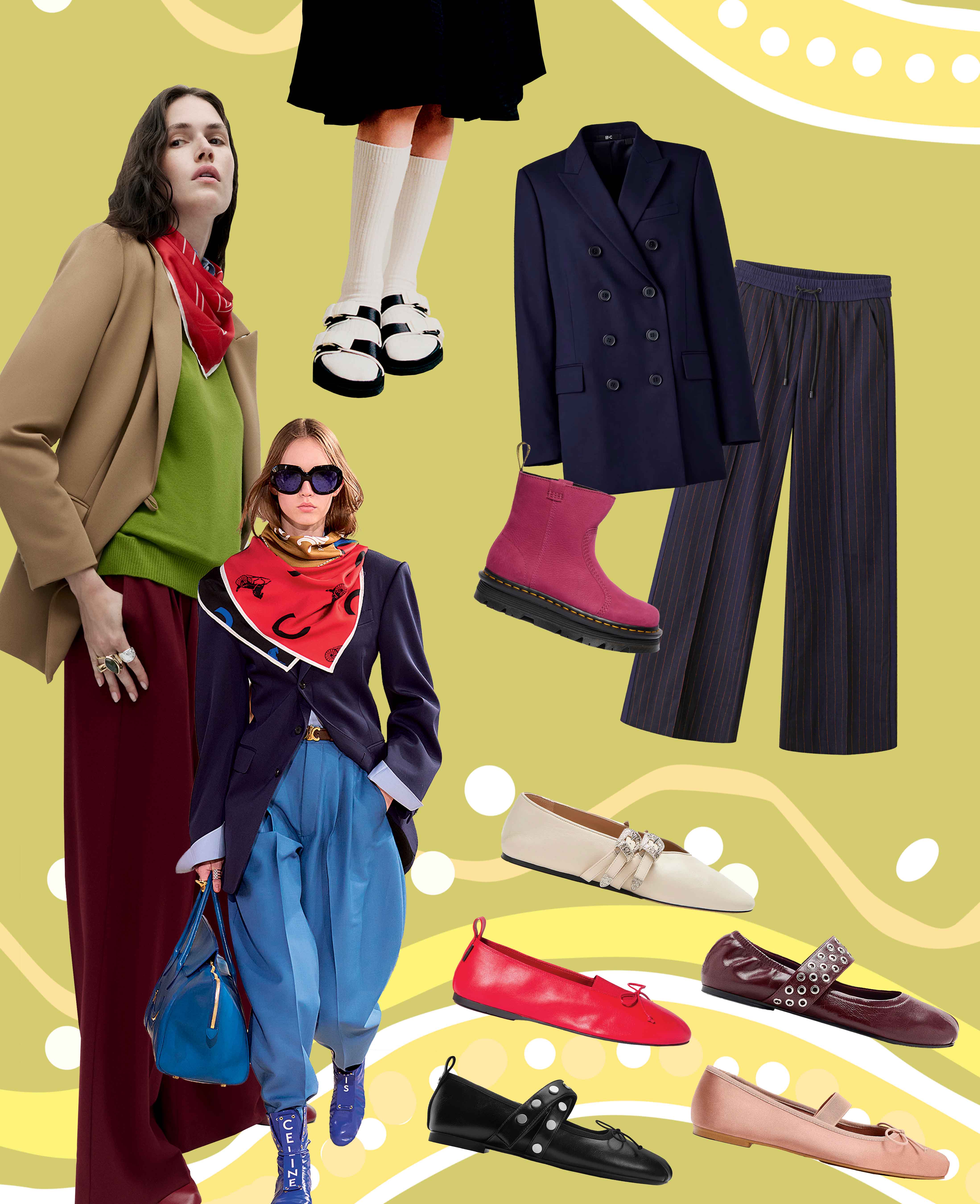 Model on far left wears AW25 M&amp;S Collection. Catwalk model wears Celine Spring 2026. Arizona slider £565, Birkenstock 1774. Blazer £89.90, UNIQLO: C. Track pant £225, ME+EM. Zebzag boot £160, Dr. Martens. Ballet flats from top to bottom: Ecru £445, Le Monde Béryl. Burgundy £59.99, Mango. Red £750, Miu Miu. Pink £35.99, Zara. Black £65, CHARLES &amp; KEITH