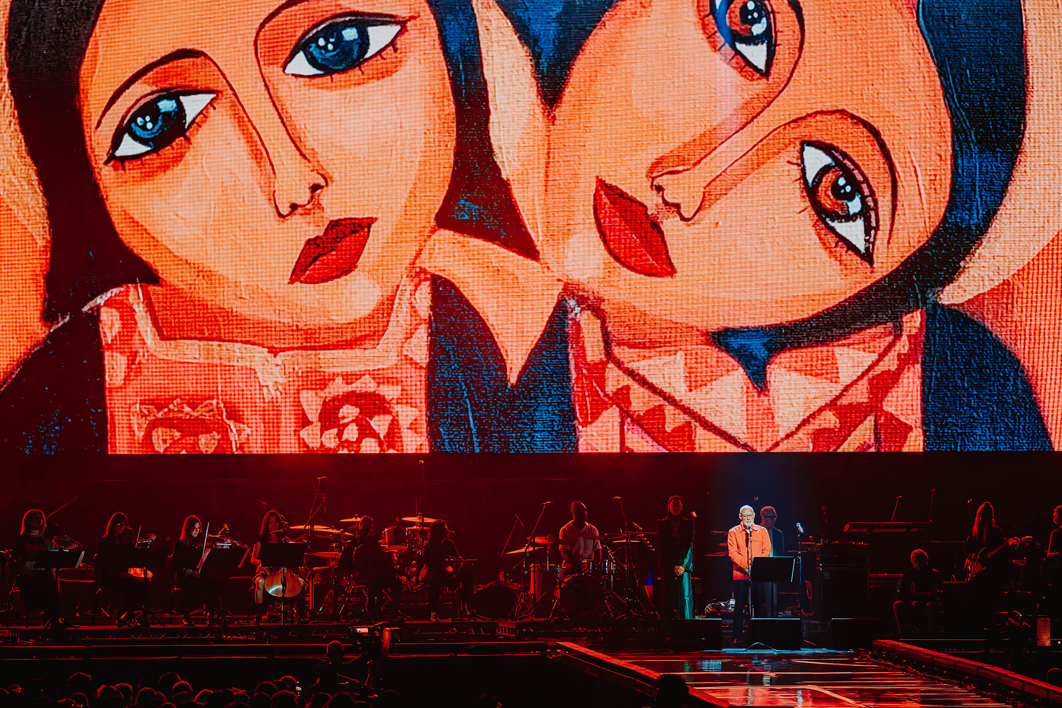 Brian Eno on stage at the Together for Palestine concert at Wembley Arena