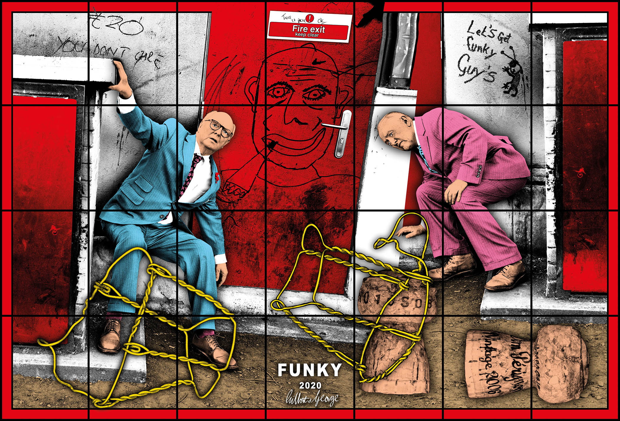 As a rule, Gilbert and George works, such as Funky 2020, contain images of the artists themselves