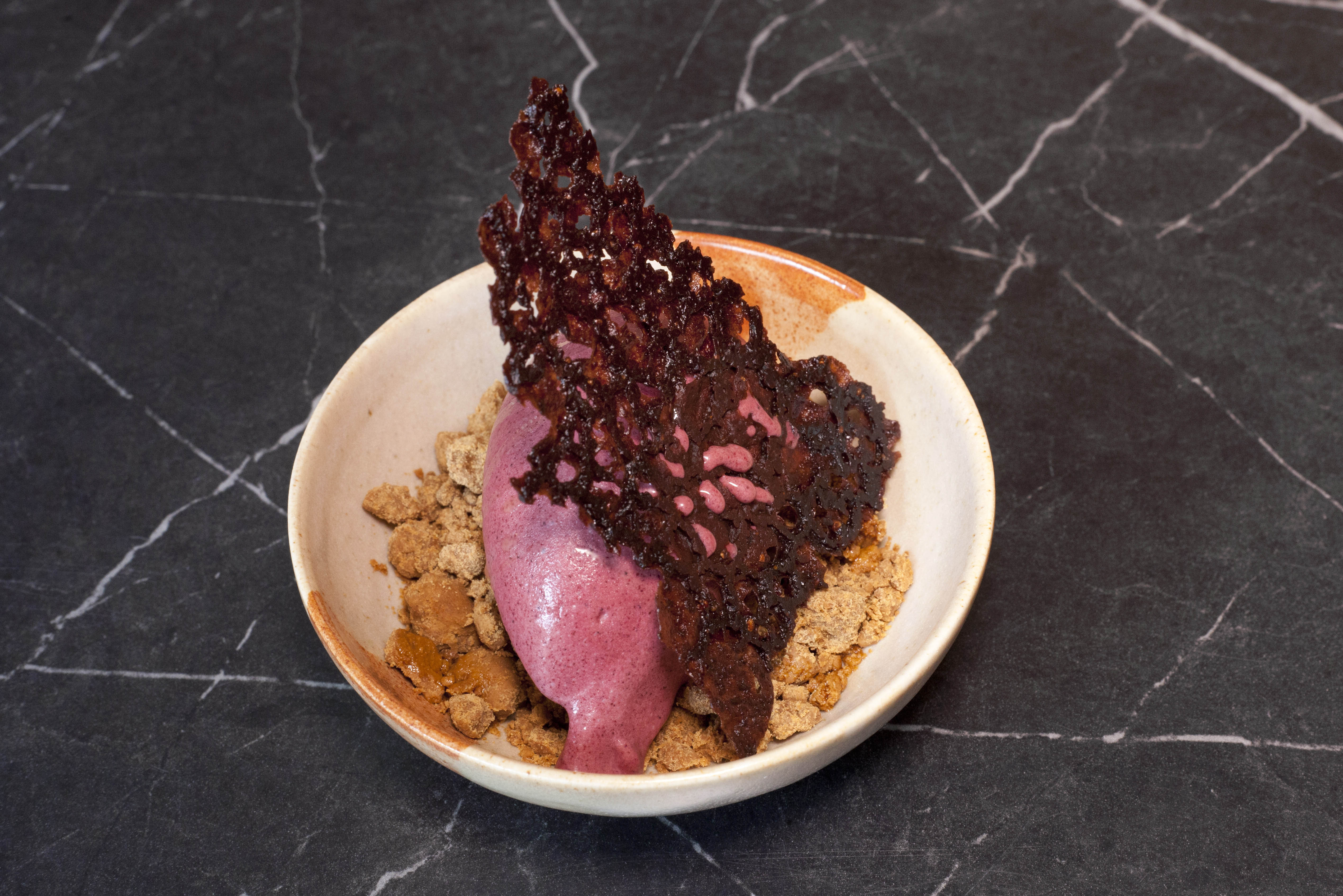 ‘Skilful construction’: hibiscus sorbet, caramelised white-chocolate crumb and peppery tuile