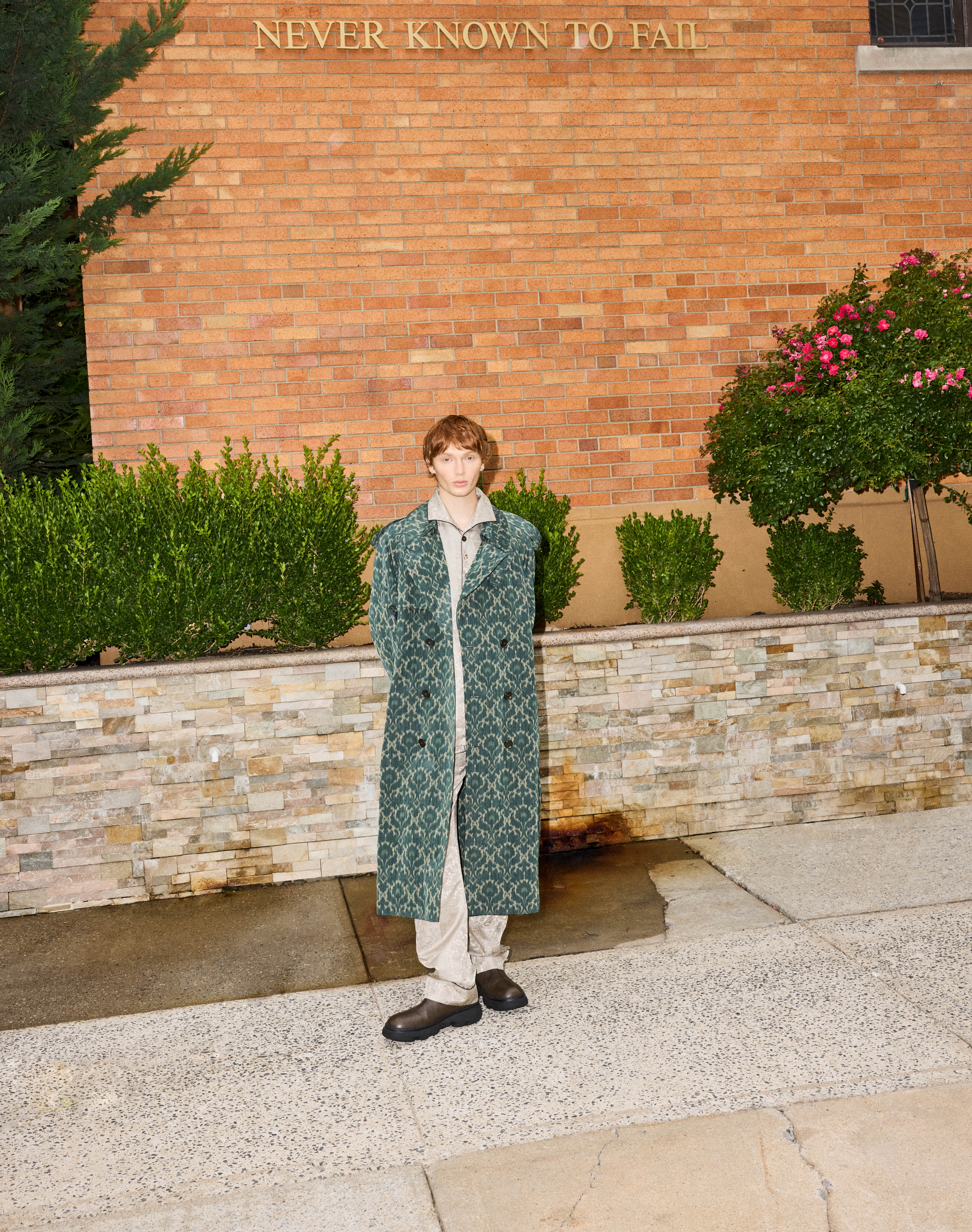 Coat, shirt, trousers and boots all by Burberry
