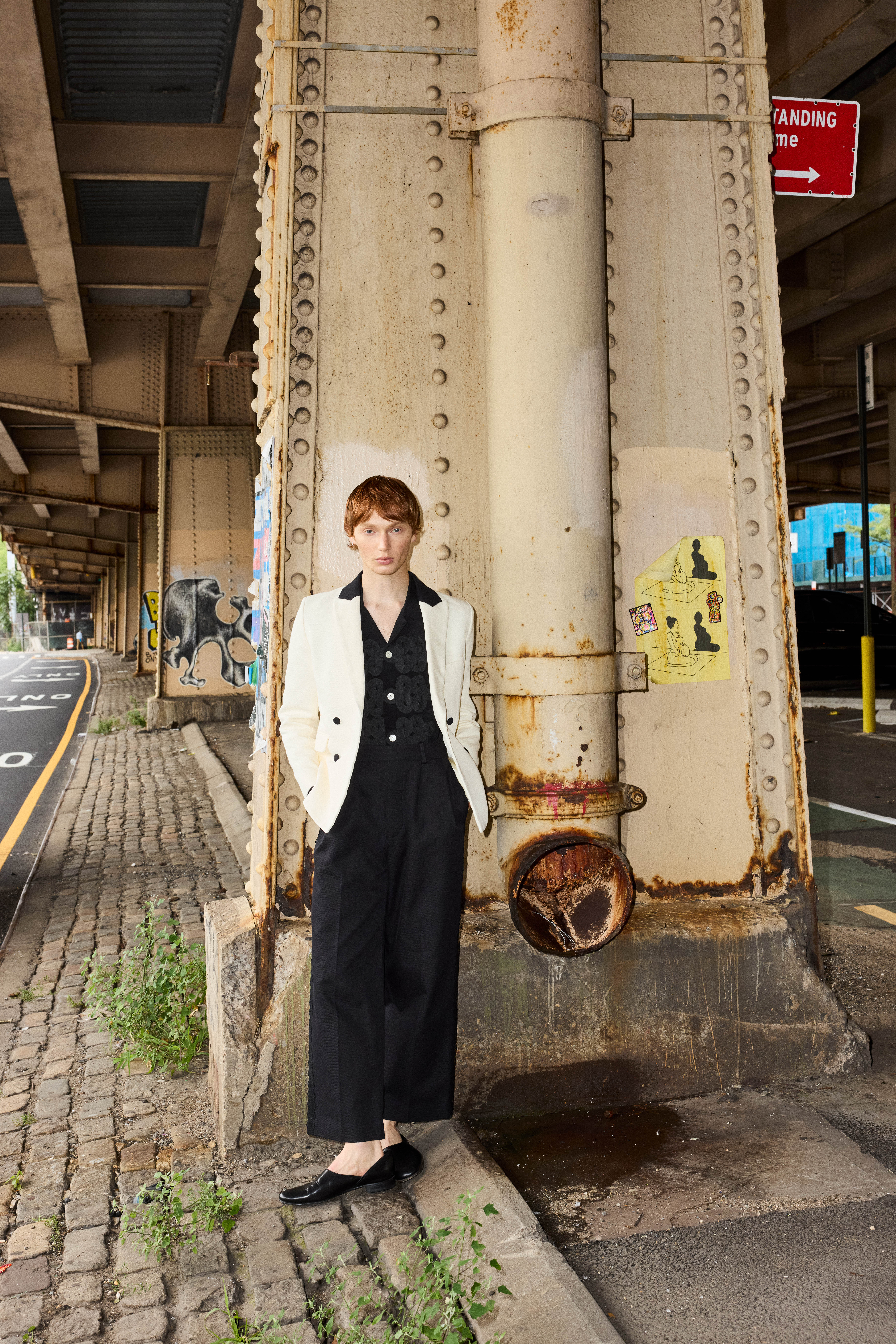 Jacket, shirt, trousers and shoes all by Bode