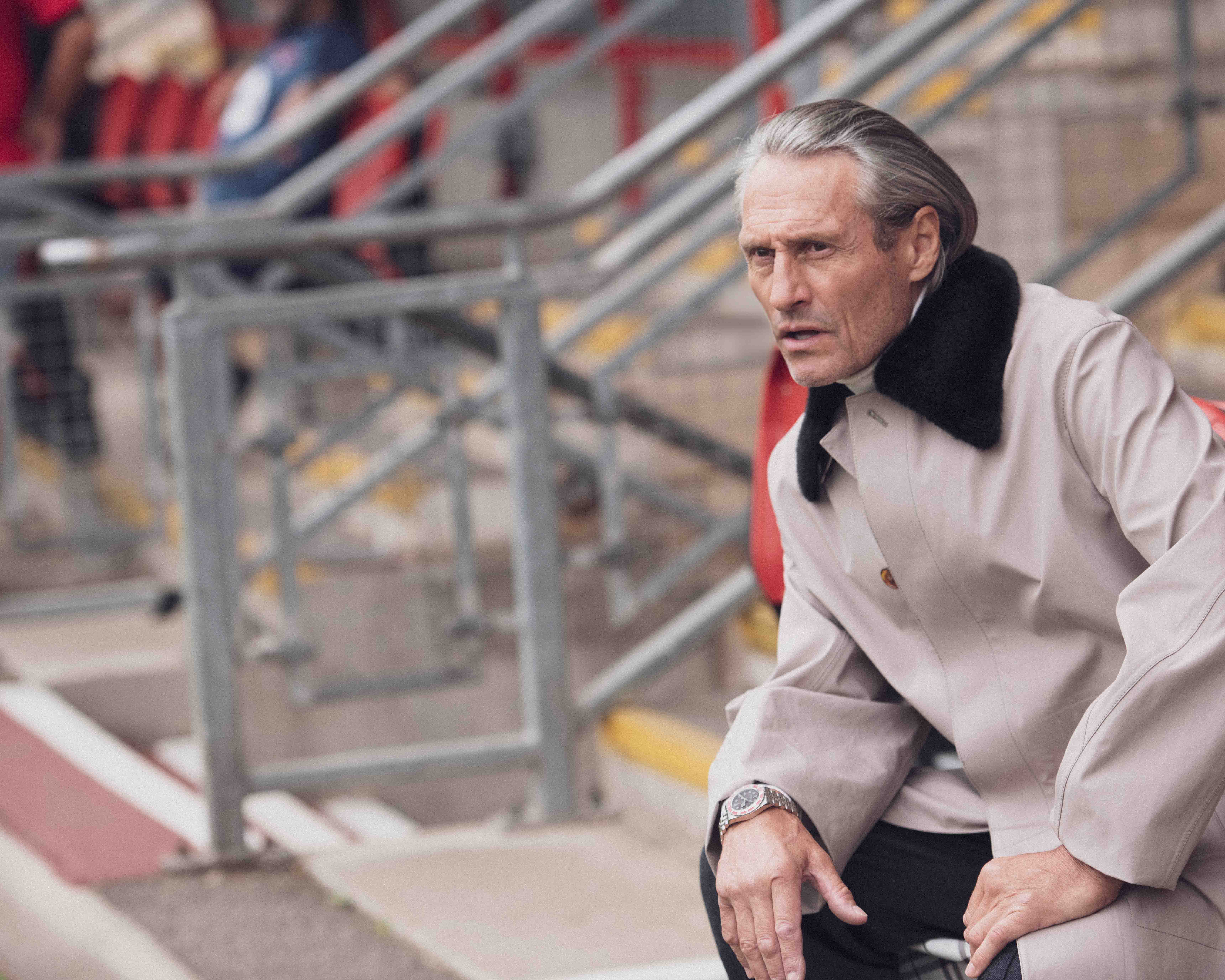 Car coat, jumper and trousers all by Lanvin; and Black Bay 58 Burgundy watch by Tudor