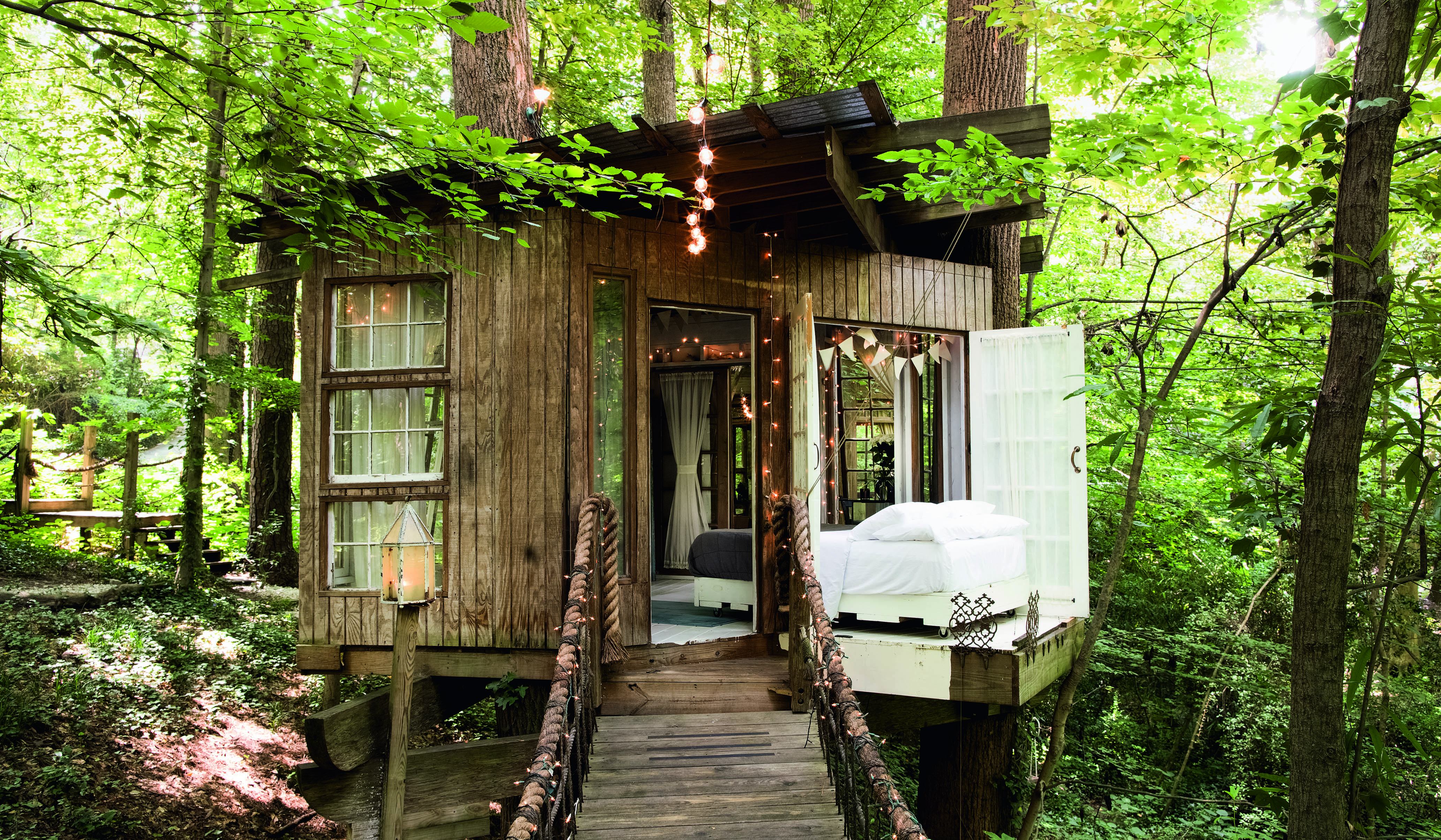 Hanging out: sanctuary via rope bridge at Peter Bahouth’s Secluded Intown Tree House in Atlanta