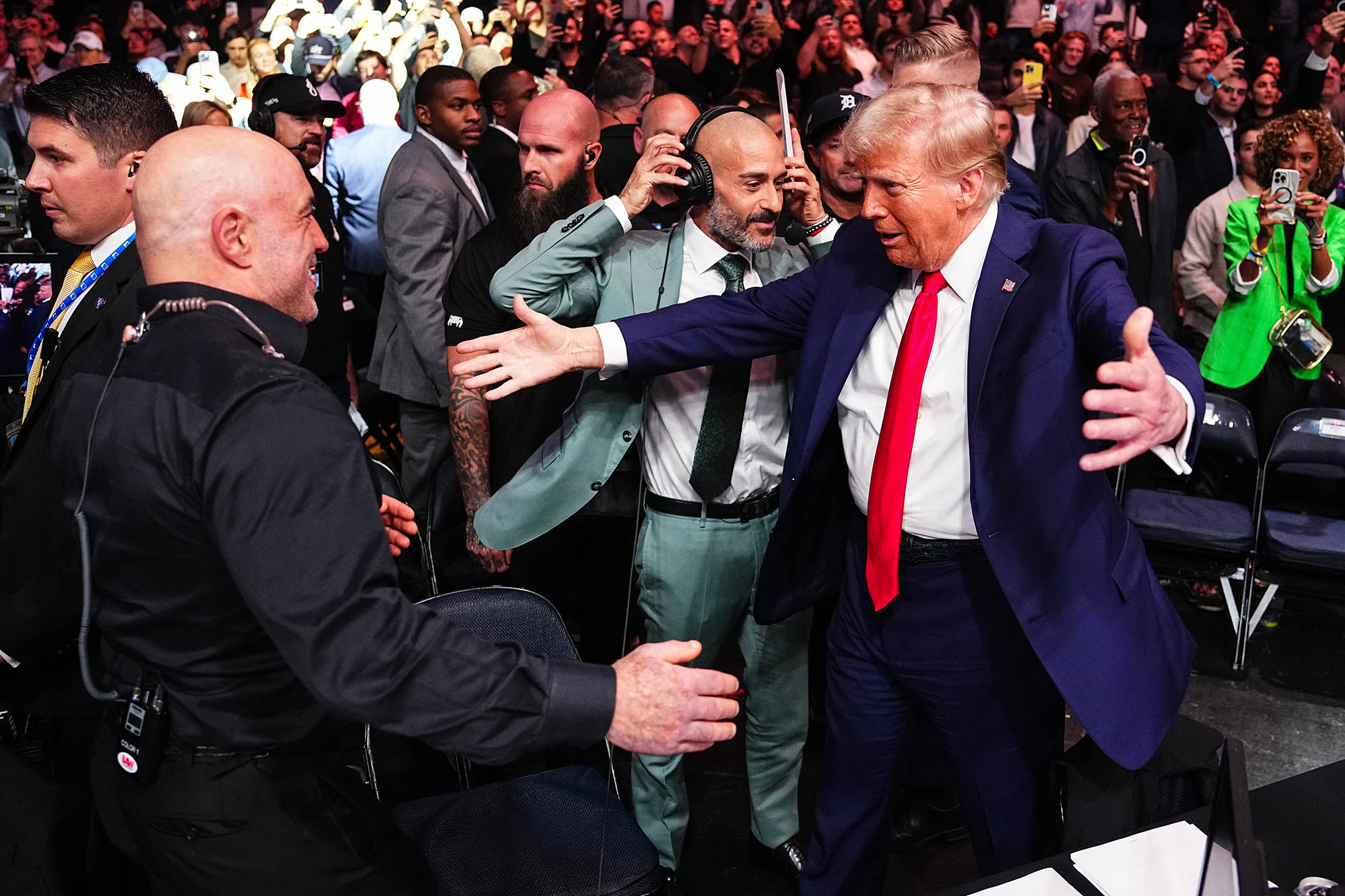 Joe Rogan greets president-elect Donald Trump at New York’s Madison Square Garden in November 2024
