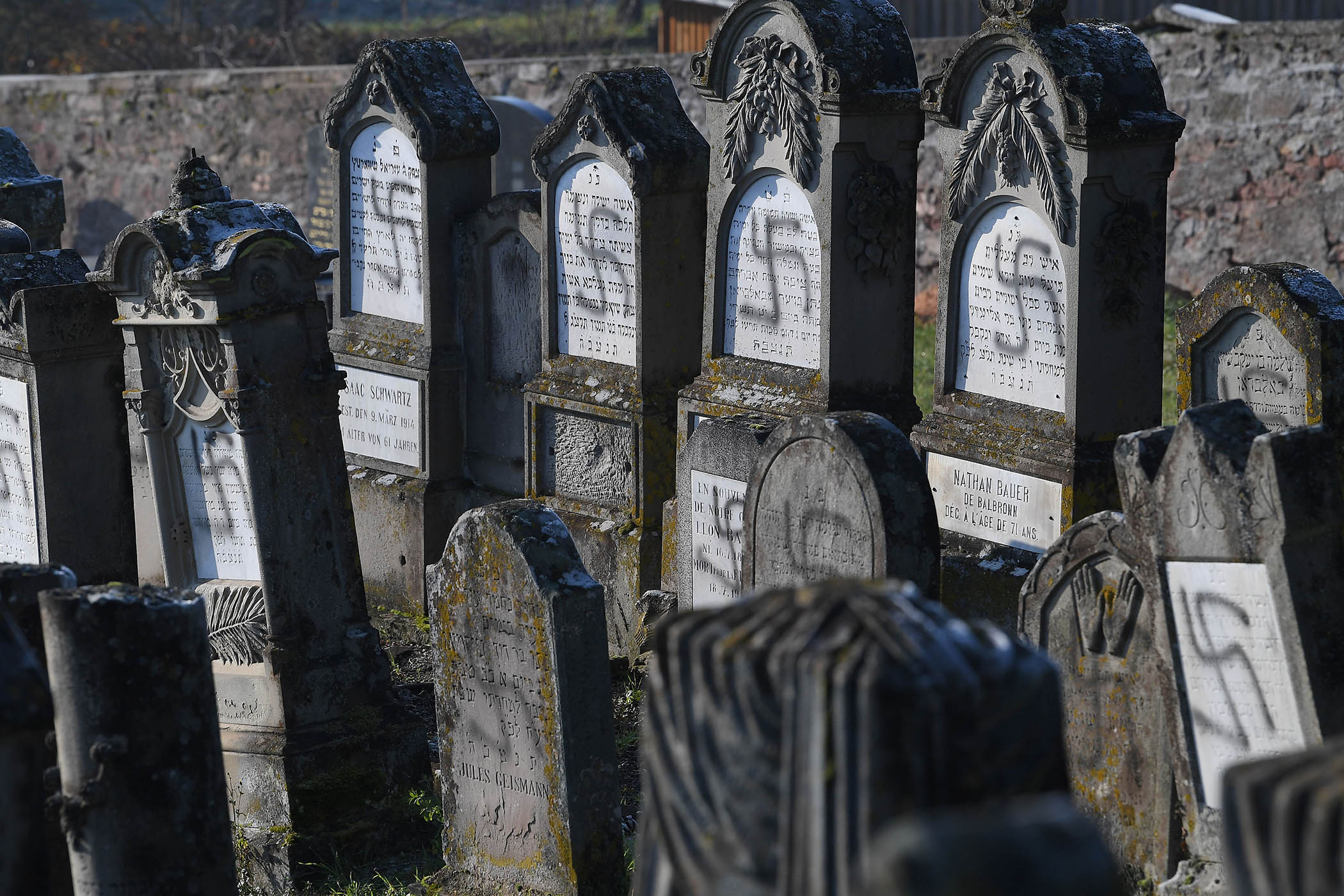 In 2019, over 100 Jewish graves were desecrated in the Westhoffen cemetery, near Strasbourg in France. AFP/Getty Images