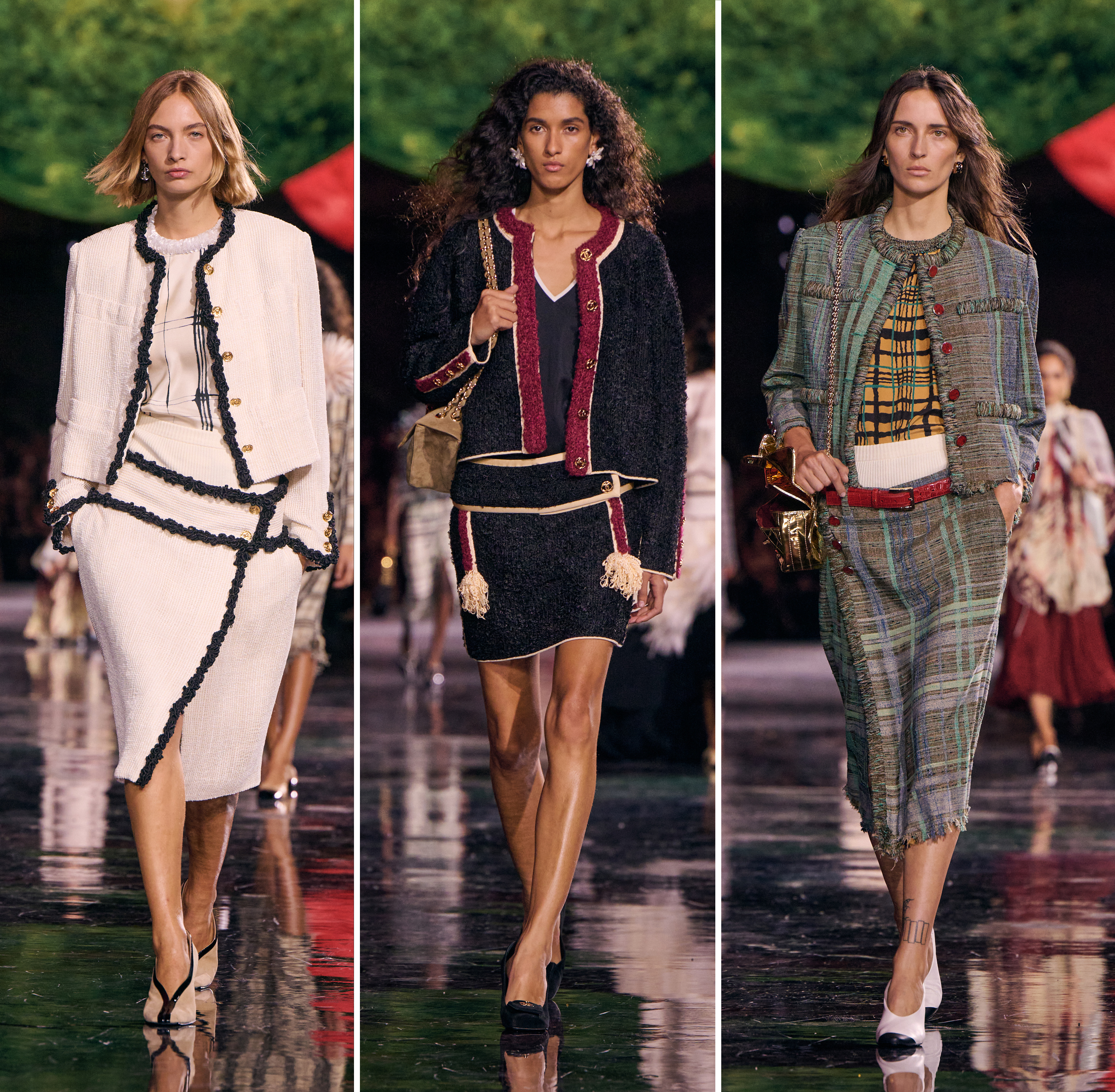 Signature Chanel tweeds and bouclé were reworked across the 77 looks