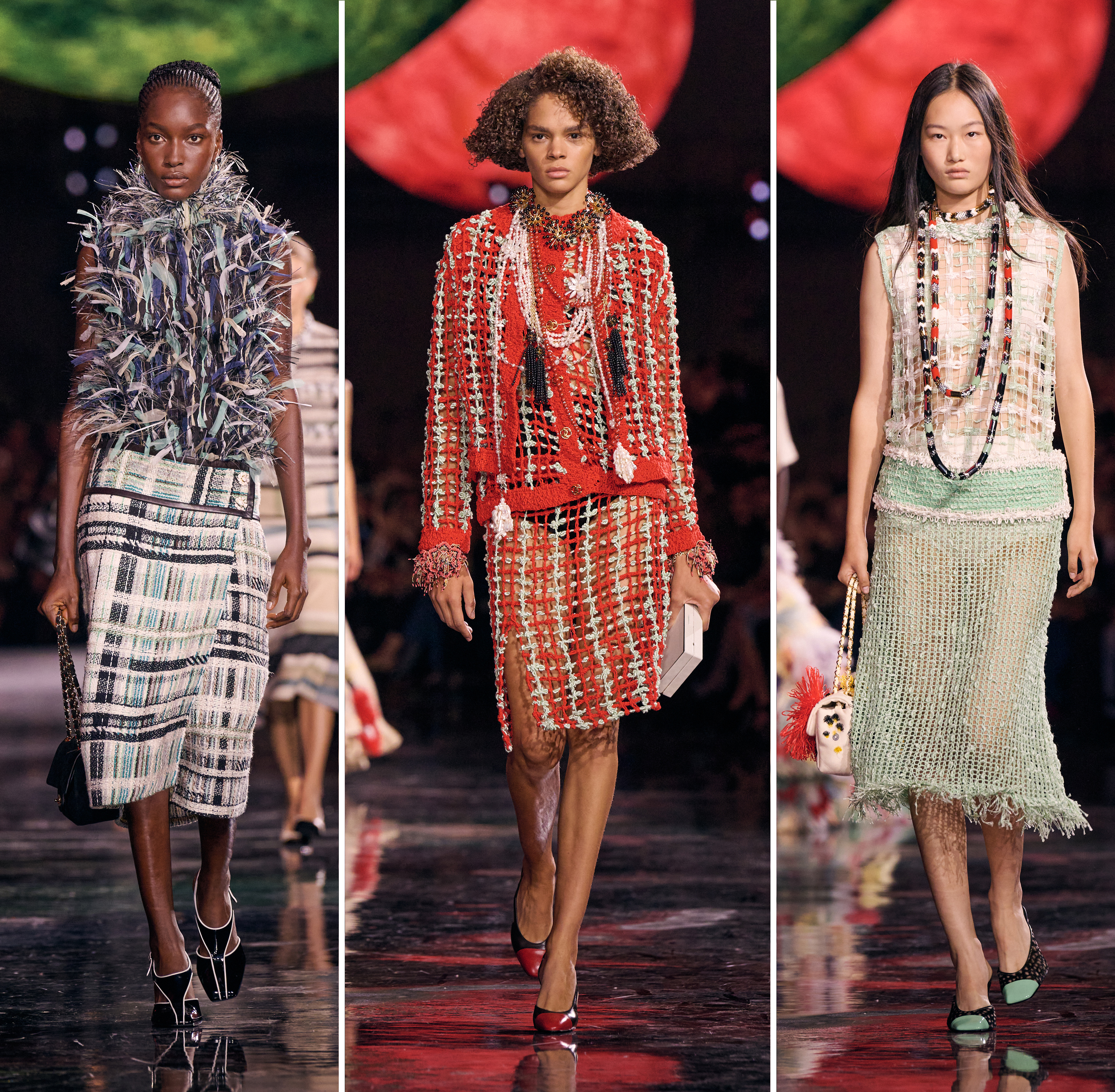 Twinsets and skirt suits were rendered in caviar beads