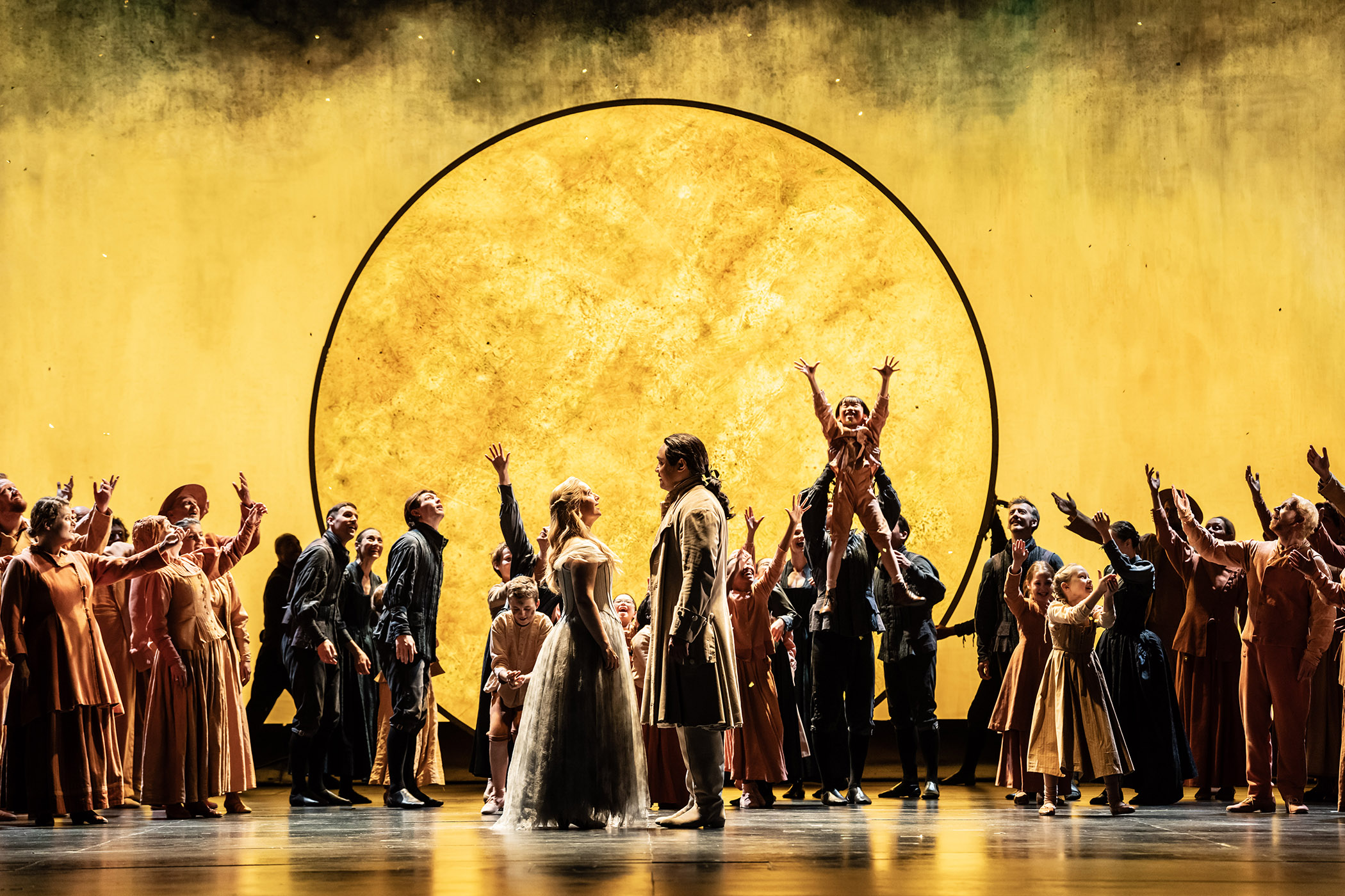 Lucy Crowe and Amitai Pati, centre, star in the Royal Opera’s ‘somewhat earthbound’ The Magic Flute