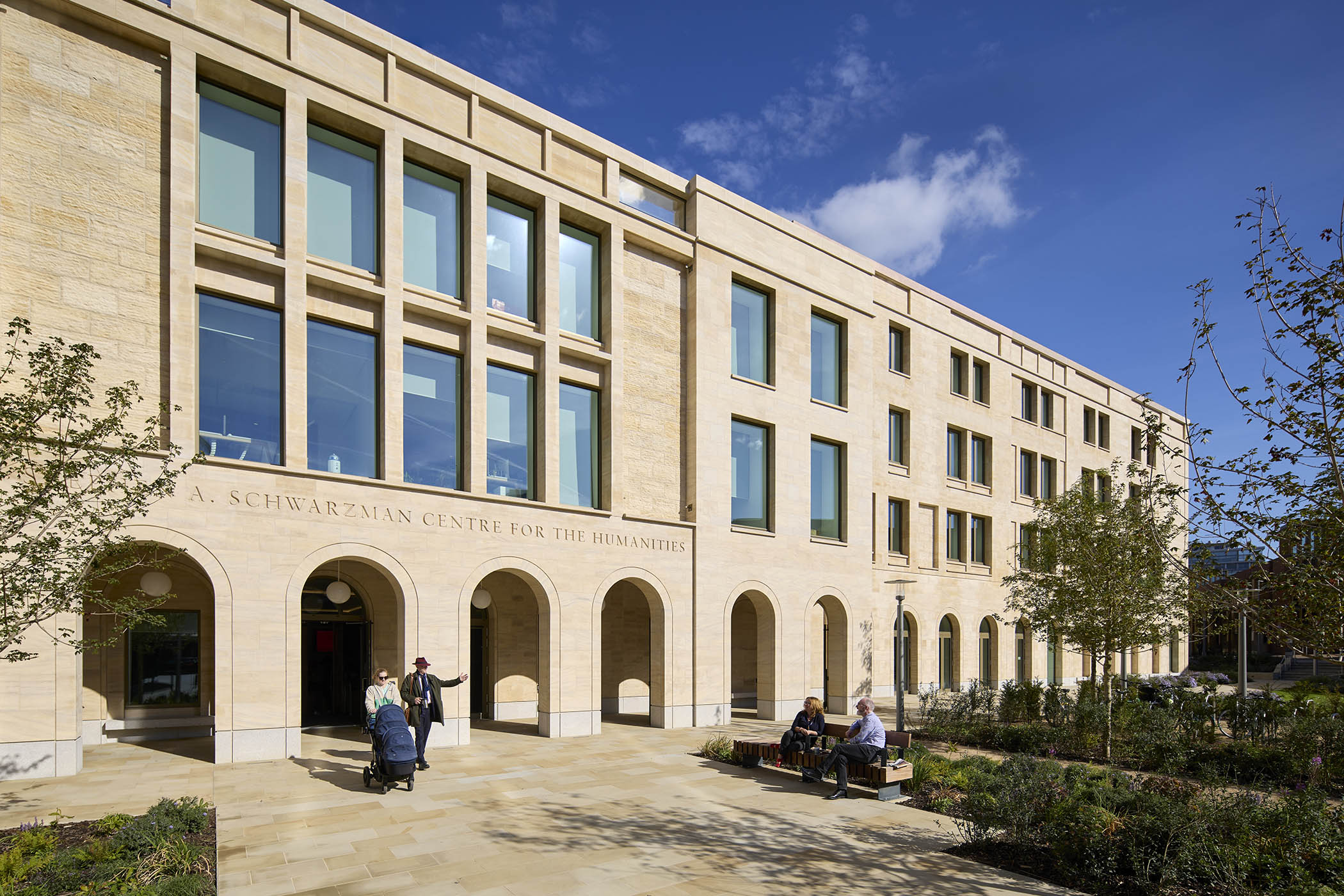 The facade of the Stephen A Schwarzman Centre, wrapped in traditional Clipsham stone