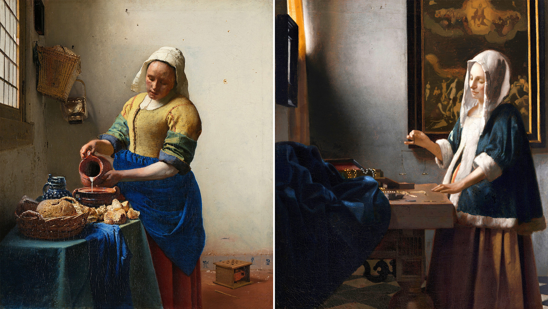 The Milkmaid, left, and Woman Holding a Balance, two of Vermeer’s paintings that Graham-Dixon believes were intended as an instructive pair