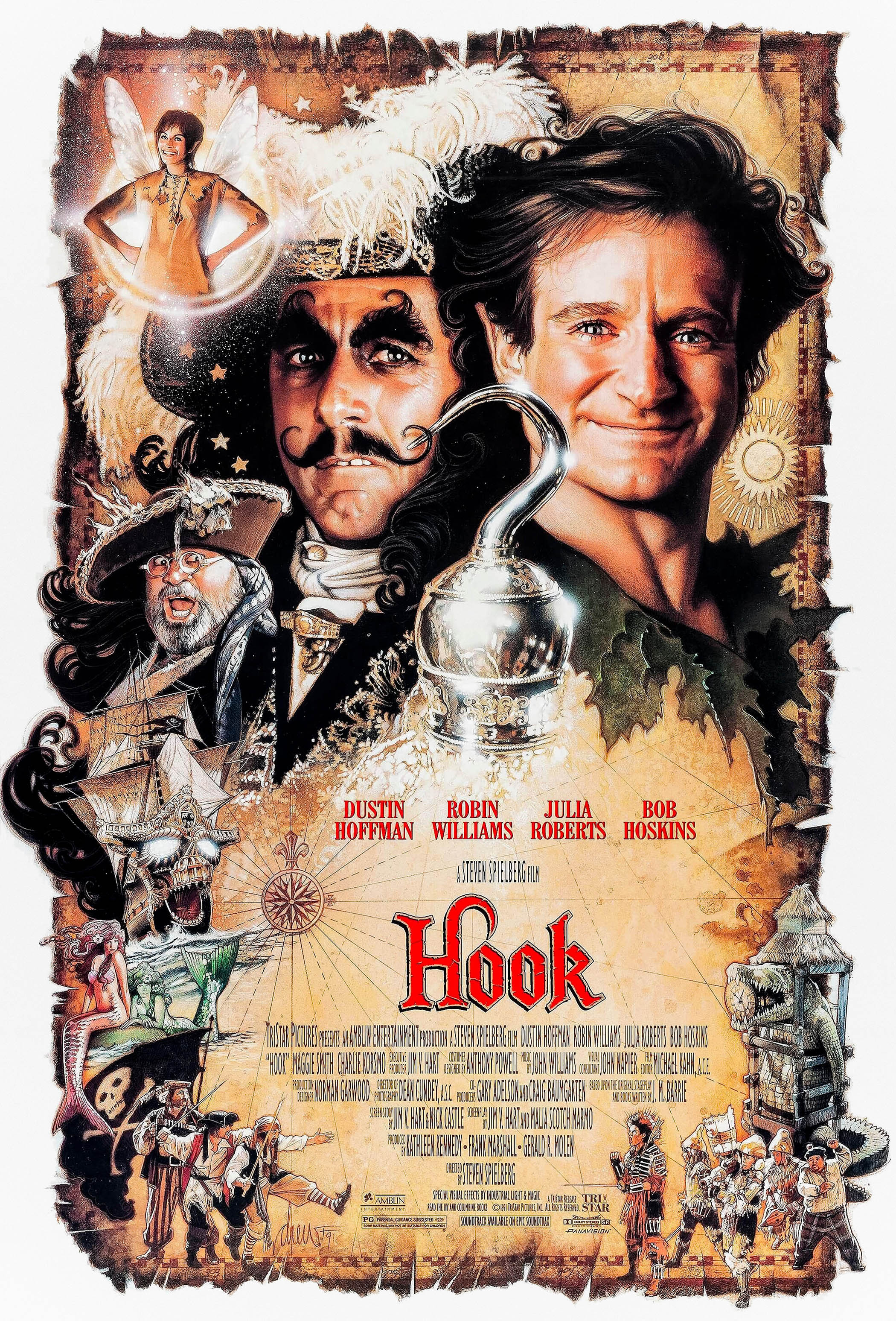 Drew Struzan's poster for the 1991 film Hook, directed by Steven Spielberg and starring Robin Williams, Dustin Hoffman and Julia Roberts. Photograph by BFA / TriStar Pictures