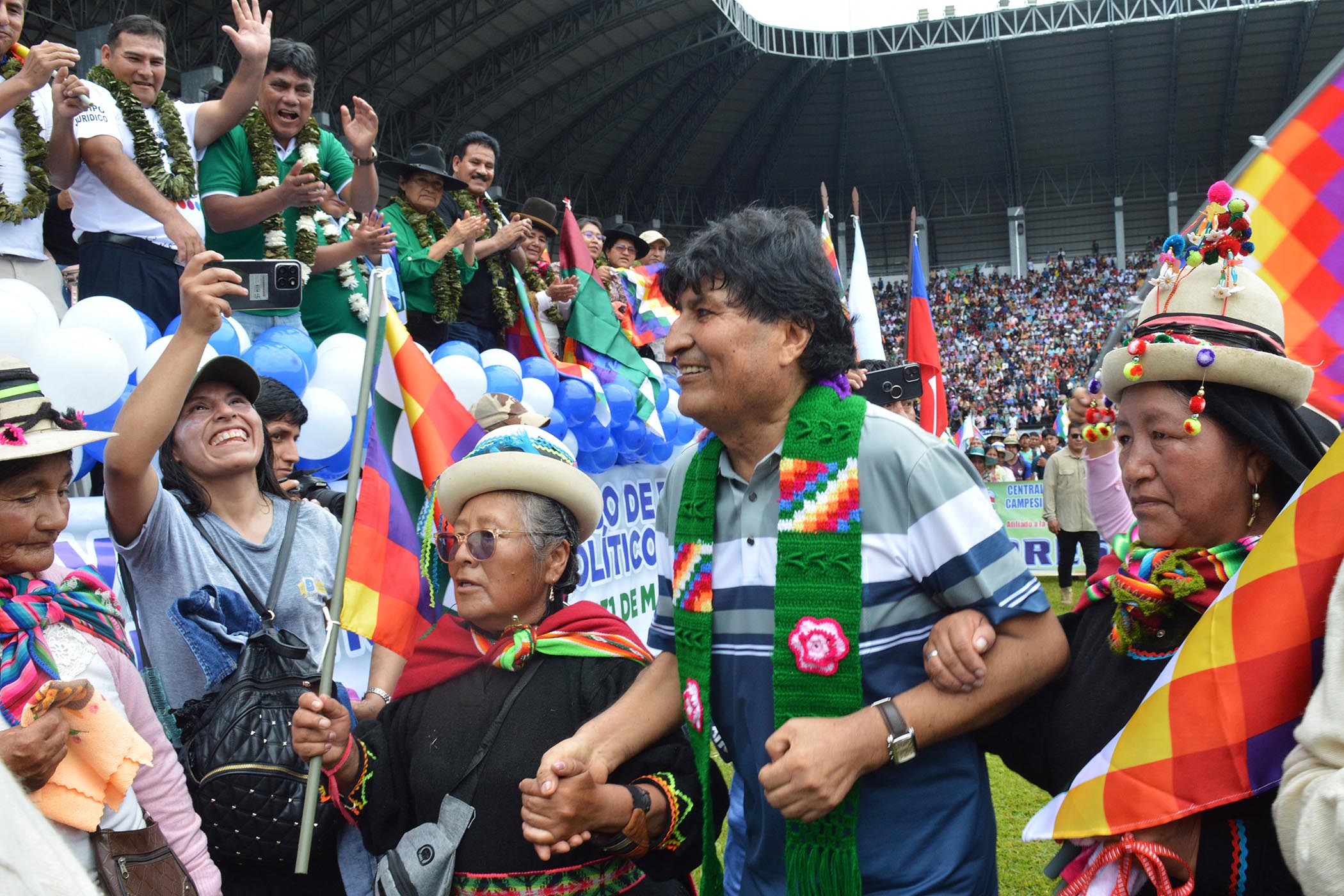 Evo Morales with supporters in March this year.