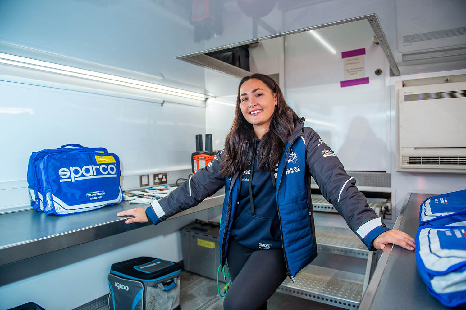 Cruise co-ordinator Georgina Bentley at work in a truck portacabin at the Parts Control Hub