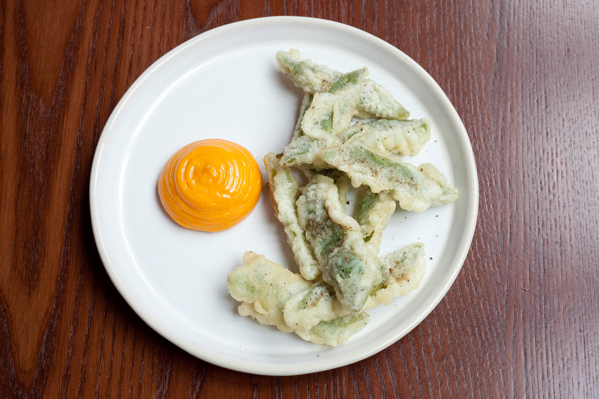 ‘Moreish’: tempura runner beans with paprika mayo