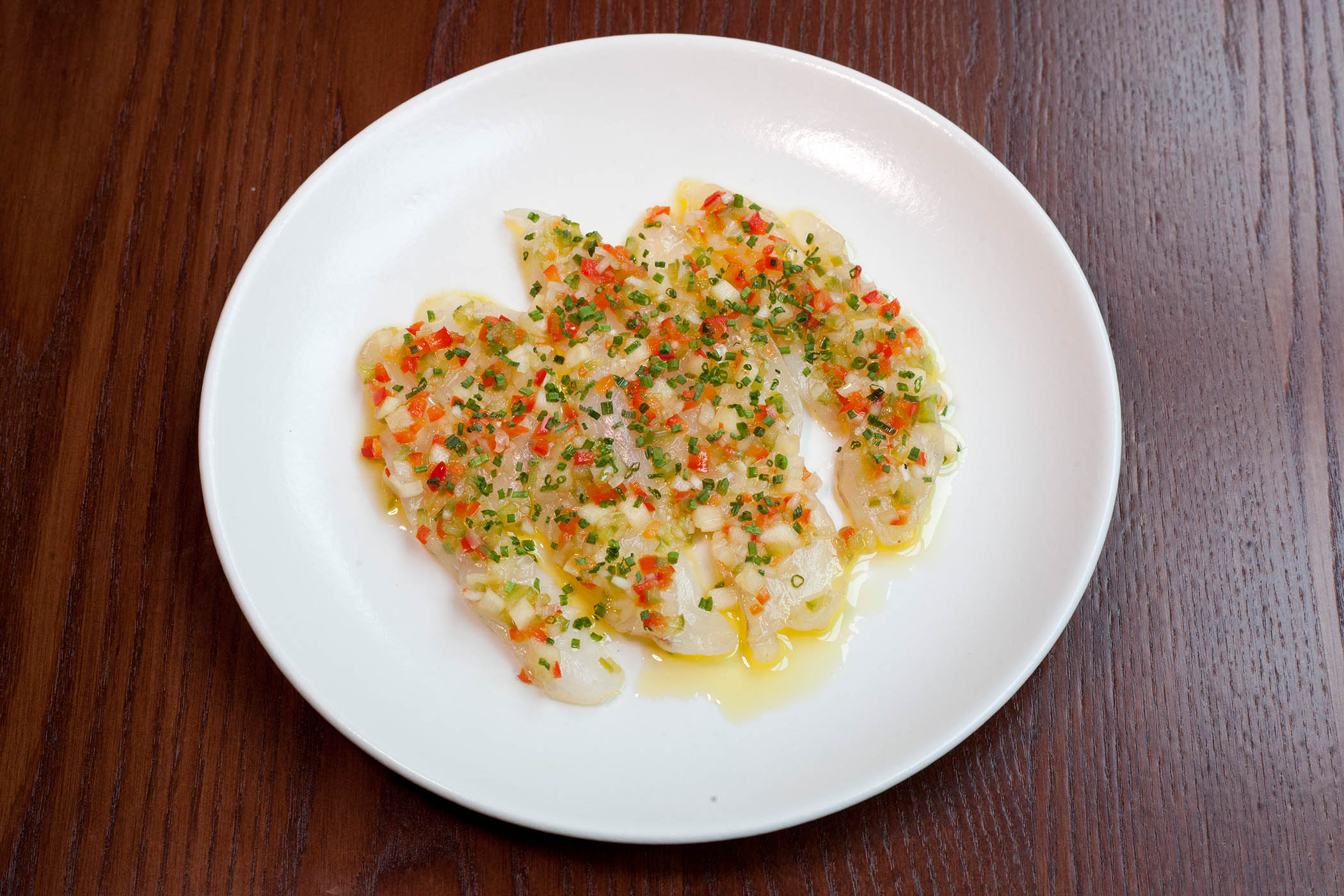 ‘The fish is exquisite’:  brill crudo with apple and red pepper vinaigrette