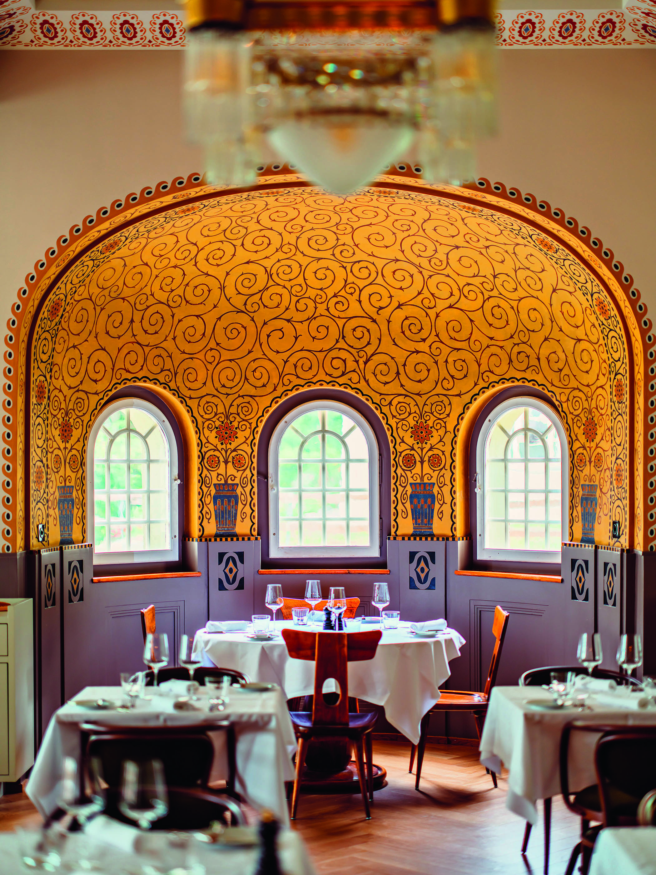 Facing page: a beautiful painted alcove in the Belvedere Brasserie