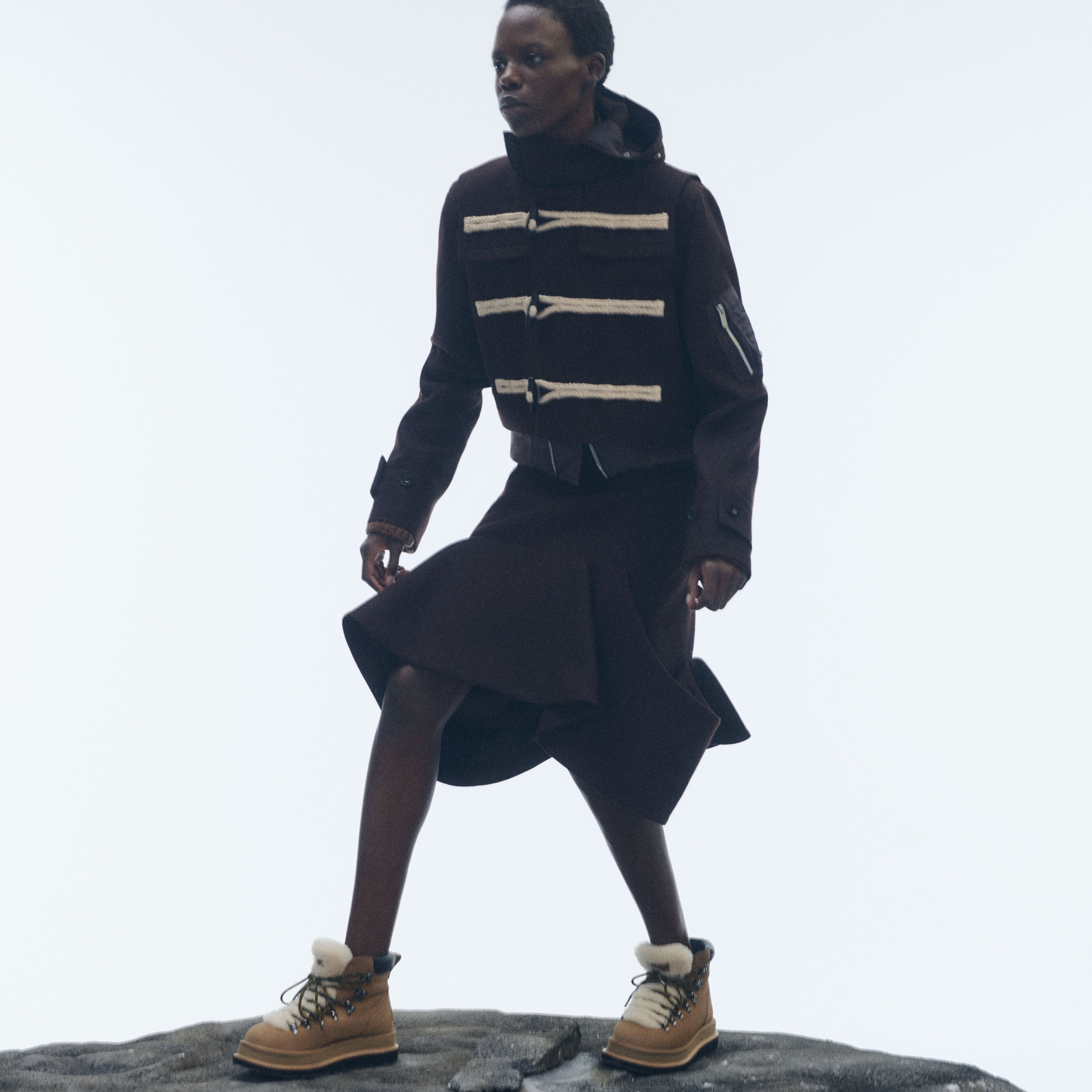 Give it a bootBring on the cold weather and treat your feet to a cosy boot. Sacai‘s second collaboration with Ugg features three distinct silhouettes: a daring thigh-high boot, a chunky loafer, and a modern hiker boot. Crafted from luxurious soft suede and cozy sheepskin. The loafer comes in a chunky sole, the hiker takes on a mountain-boot-inspired shape, elevated with playful, fluffy details emerging from the laces and the thigh high boot comes with a buckle at the back and can be worn fully fastened for a sleek look or folded down to showcase the sheepskin lining.Boots £300, Ugg