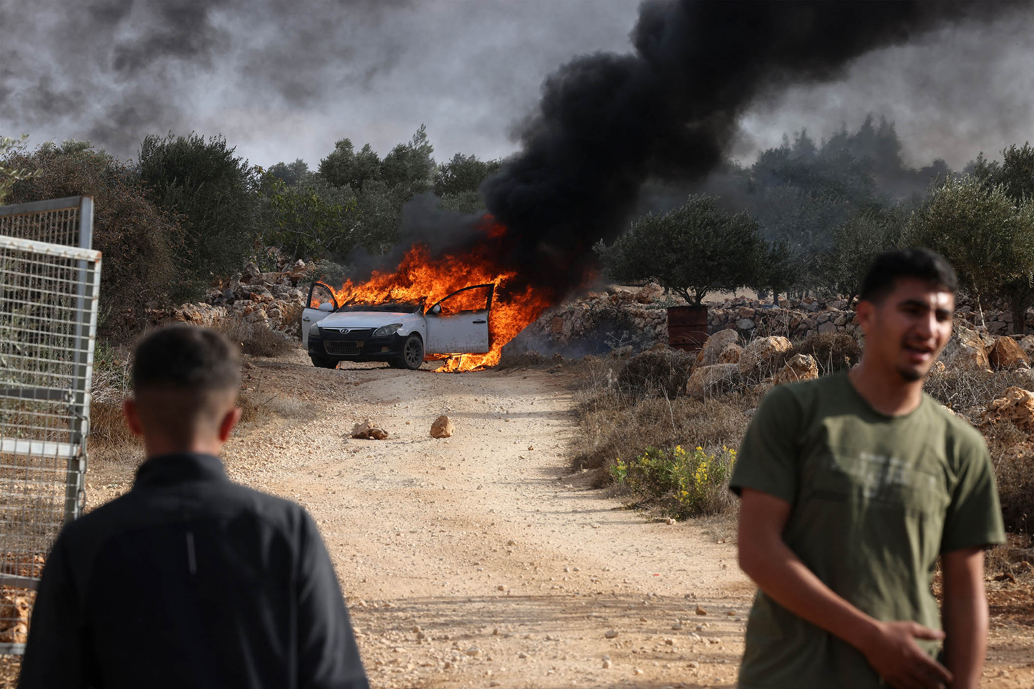 Palestinians watch a burning car reportedly set alight by Israeli settlers attempting to disrupt the olive harvest