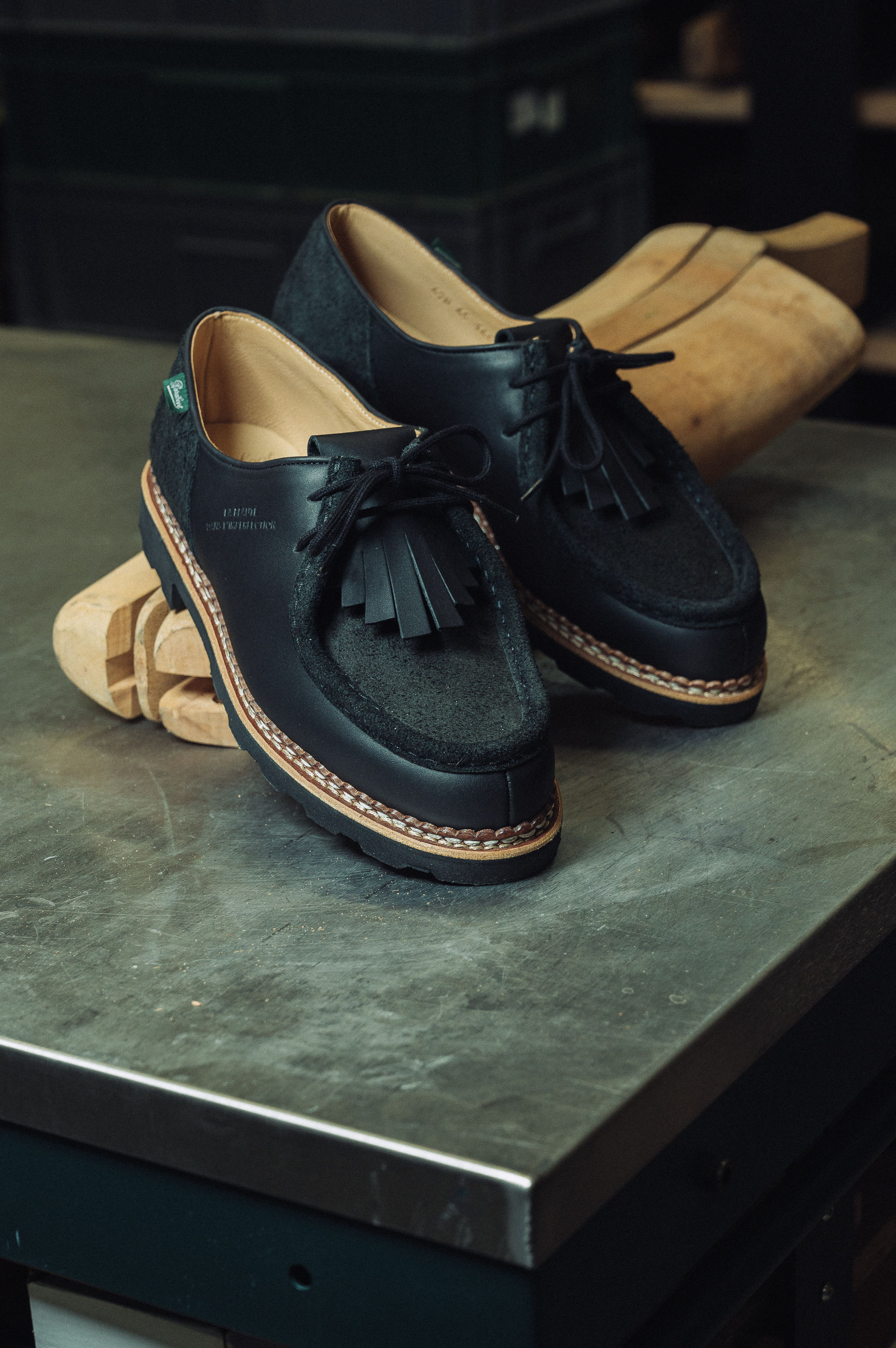 Best foot forwardBritish menswear brand Universal Works and French shoemaker Paraboot come together for La Beauté Dans L’Imperfection – a collaboration born from the founders mutual love for each others work. At its core is Paraboot’s popular Michael style in black, coffee and sand with removable fringing. Every pair is made by hand in France using time-honoured techniques. Complementing the footwear is a Universal Works capsule collection: an embroidered navy jacket, a blue cotton twill set, T-shirts and a printed bandana featuring repurposed 1960s Paraboot graphics.£440, Universal Works
