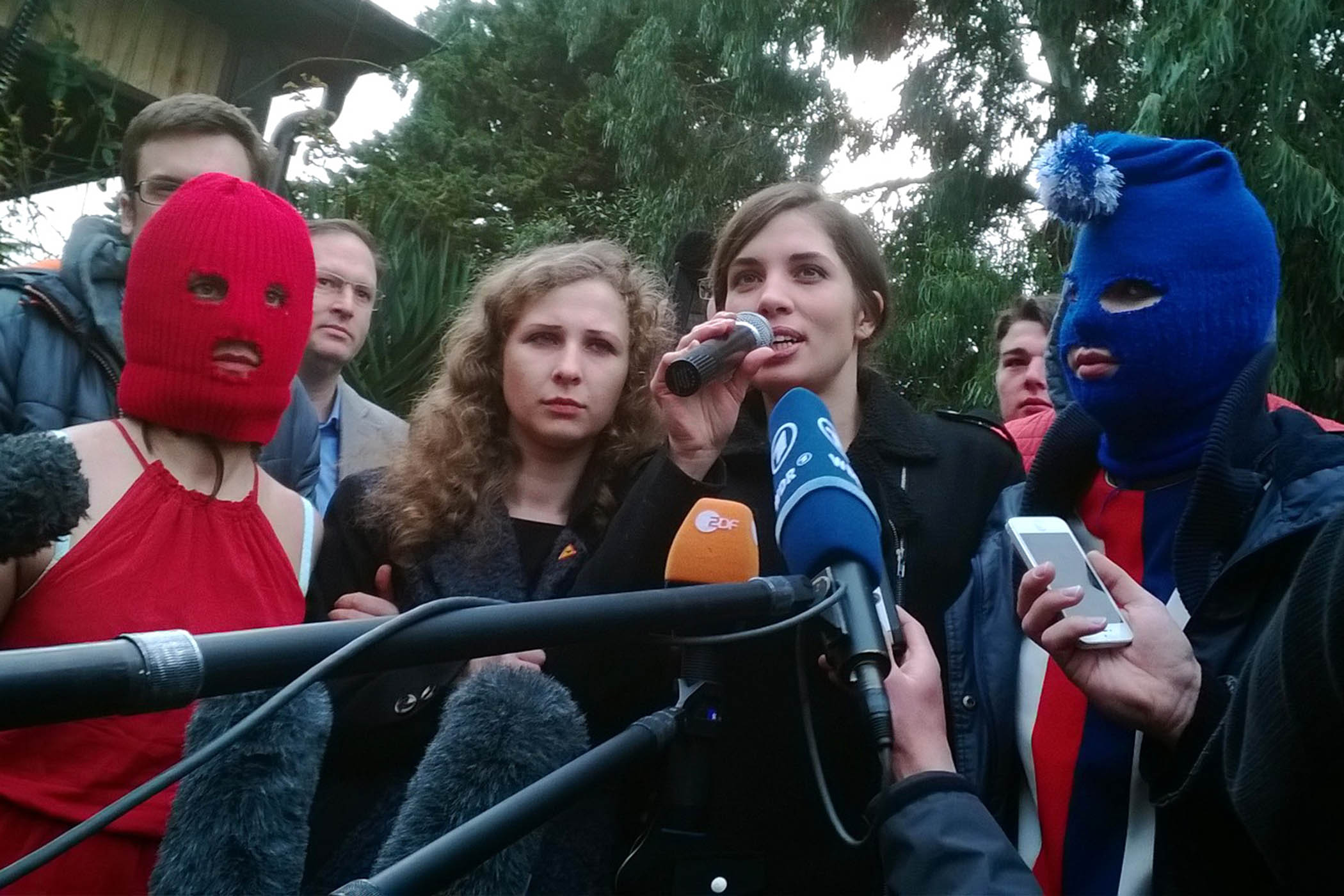 Alyokhina with Nadya Tolokonnikova and fellow Pussy Riot members during the Winter Olympics in Sochi, February 2014.