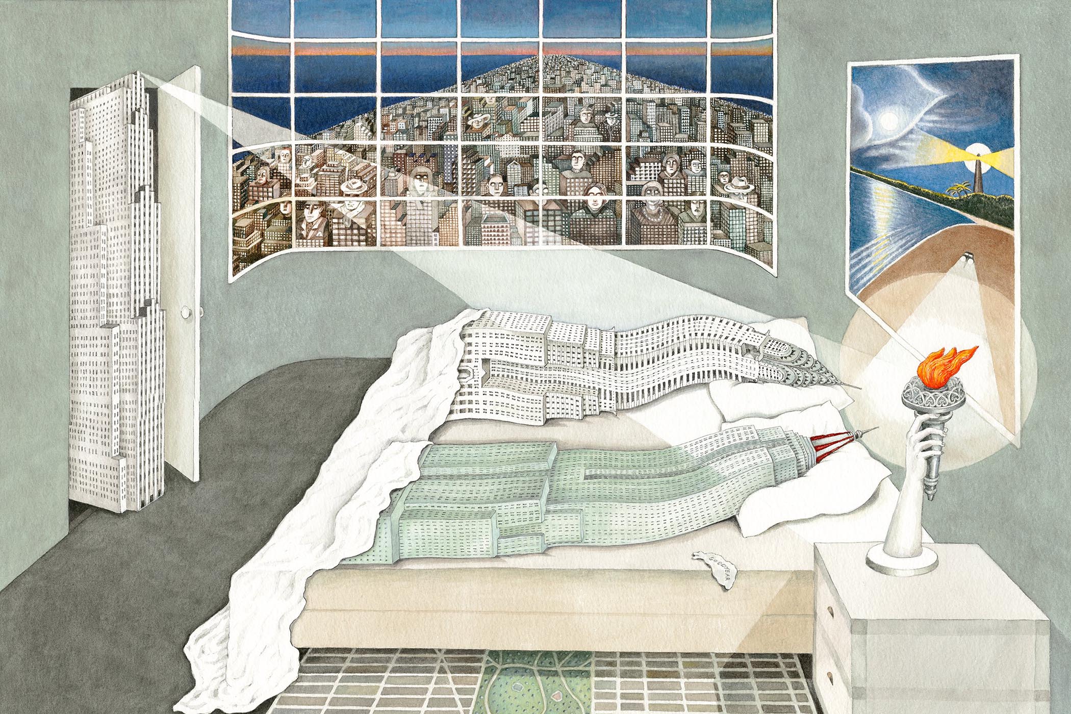 Her Flagrant D﻿élit of 1975 shows the Empire State and Chrysler buildings lying in post-coital languor