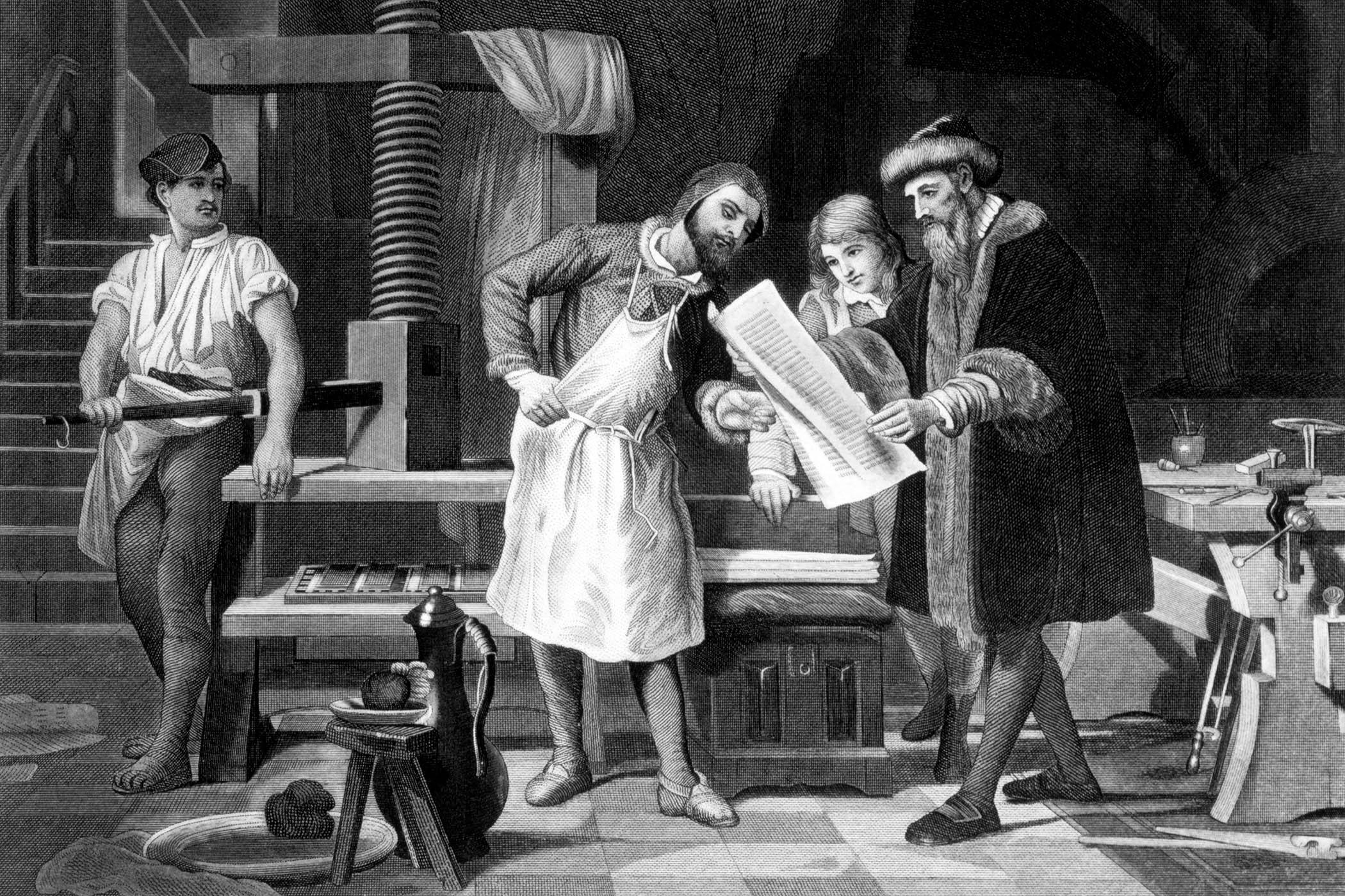 An etching depicting Johannes von Gutenberg overseeing the printing of his Bible in the 15th century.