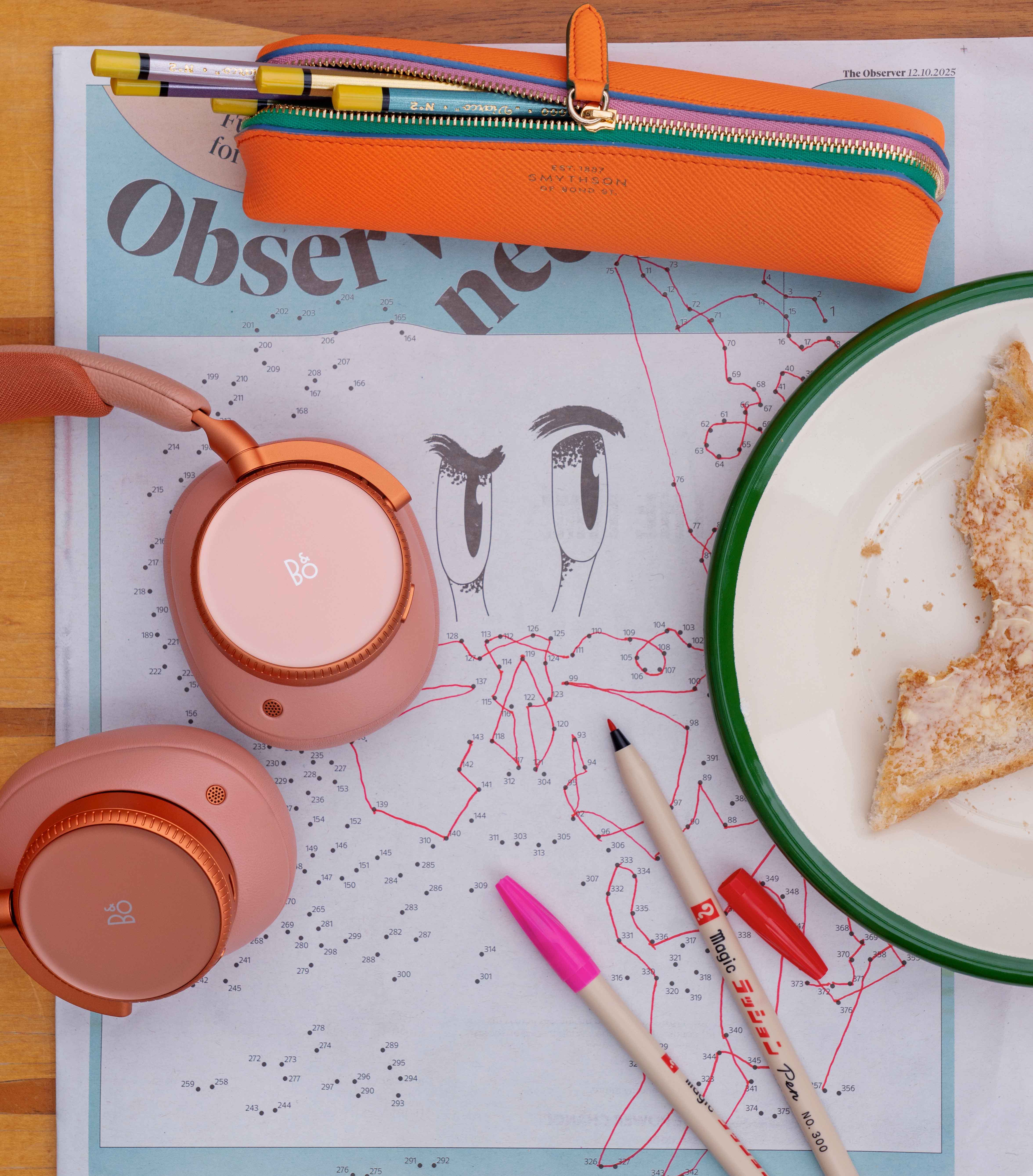 Pencil case, £200, Smythson. Pencil set, £15, Choosing Keeping. Beoplay headphones, £1,450, Bang & Olufsen. Plate, £14, Toast. Felt-tip pens (from a set), £30, Choosing Keeping