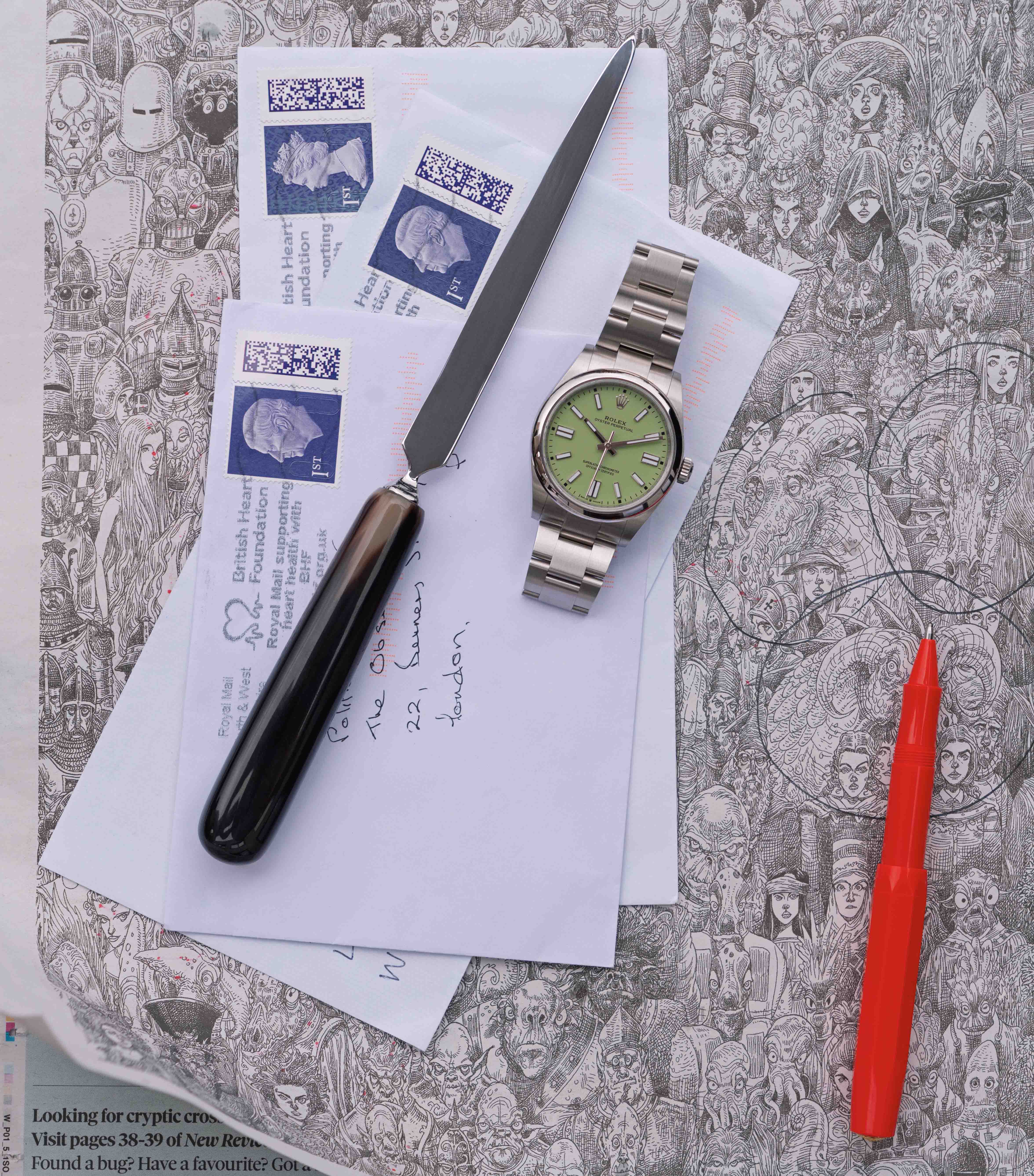 Oyster Perpetual with pistachio dial, £5,650, Rolex. Letter opener, £485, Connolly. Ballpoint pen, £24, Choosing Keeping