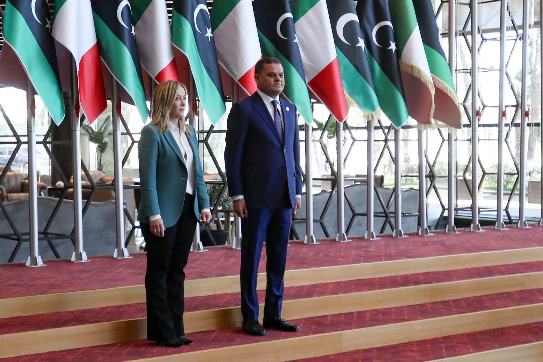Libya's prime minster Abdul Hamid Dbeibah receives his Italian counterpart Giorgia Meloni in Tripoli in January 2023