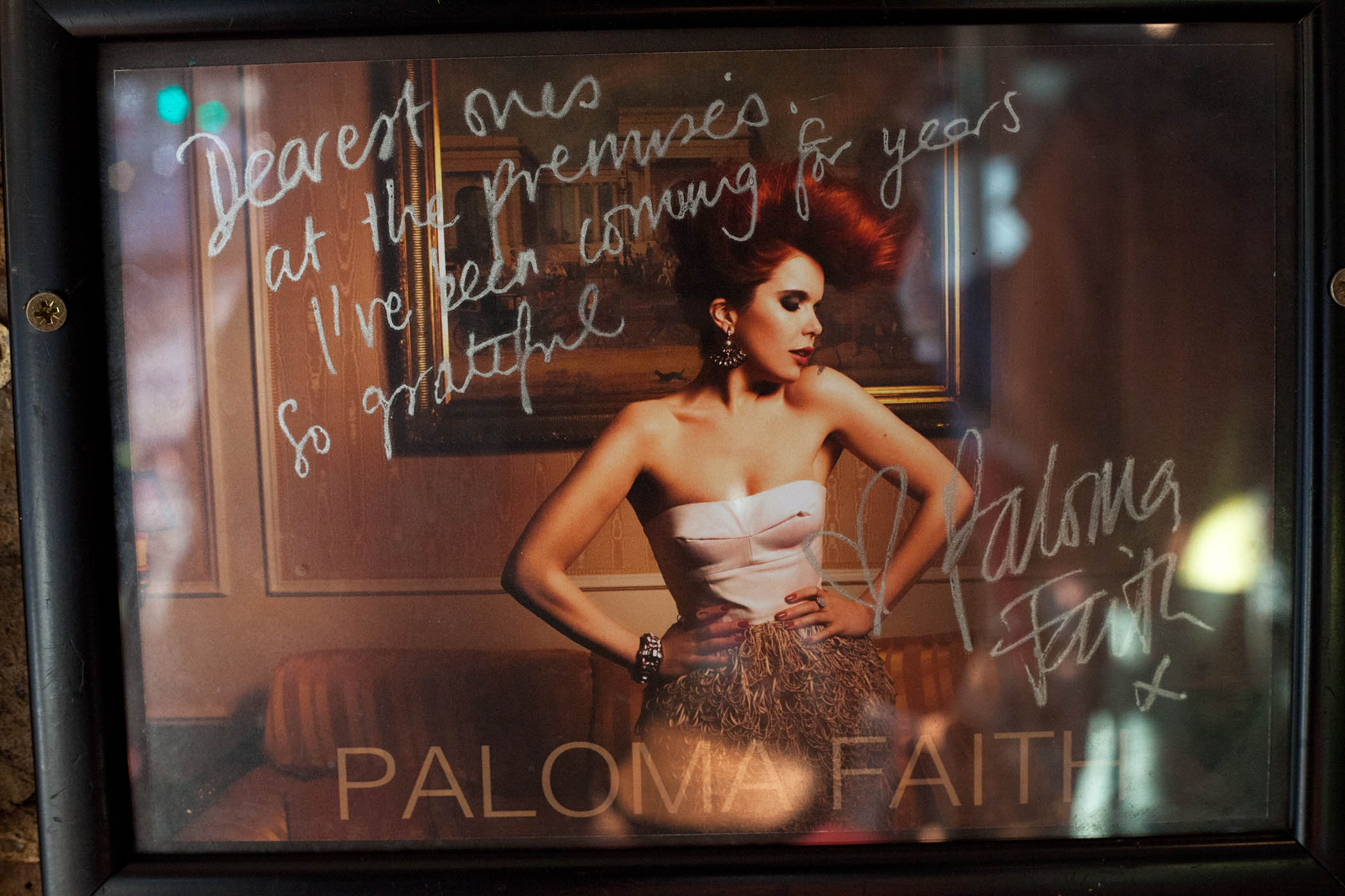 ‘I’ve been coming for years. So grateful’: a poster on the wall signed by Paloma Faith
