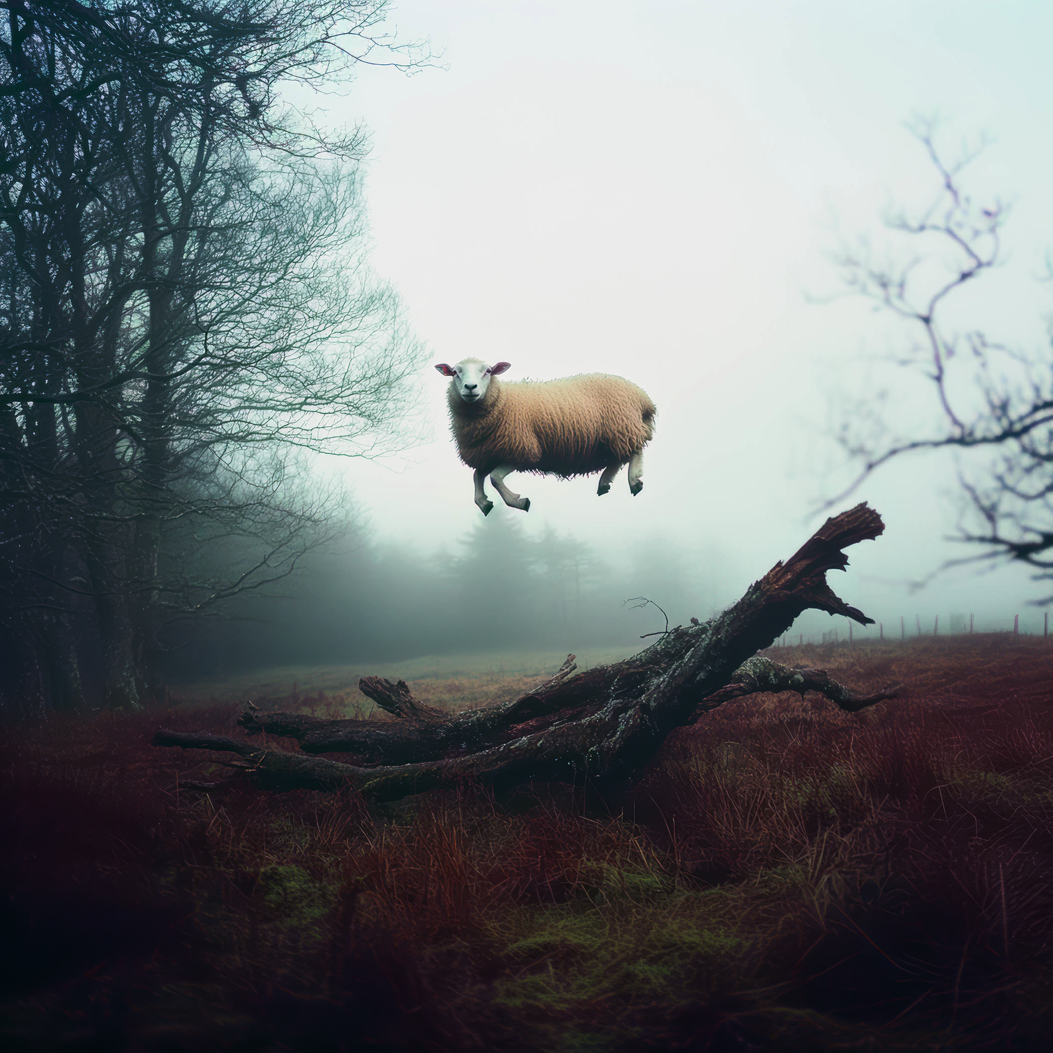 A leaping sheep in foggy wooland