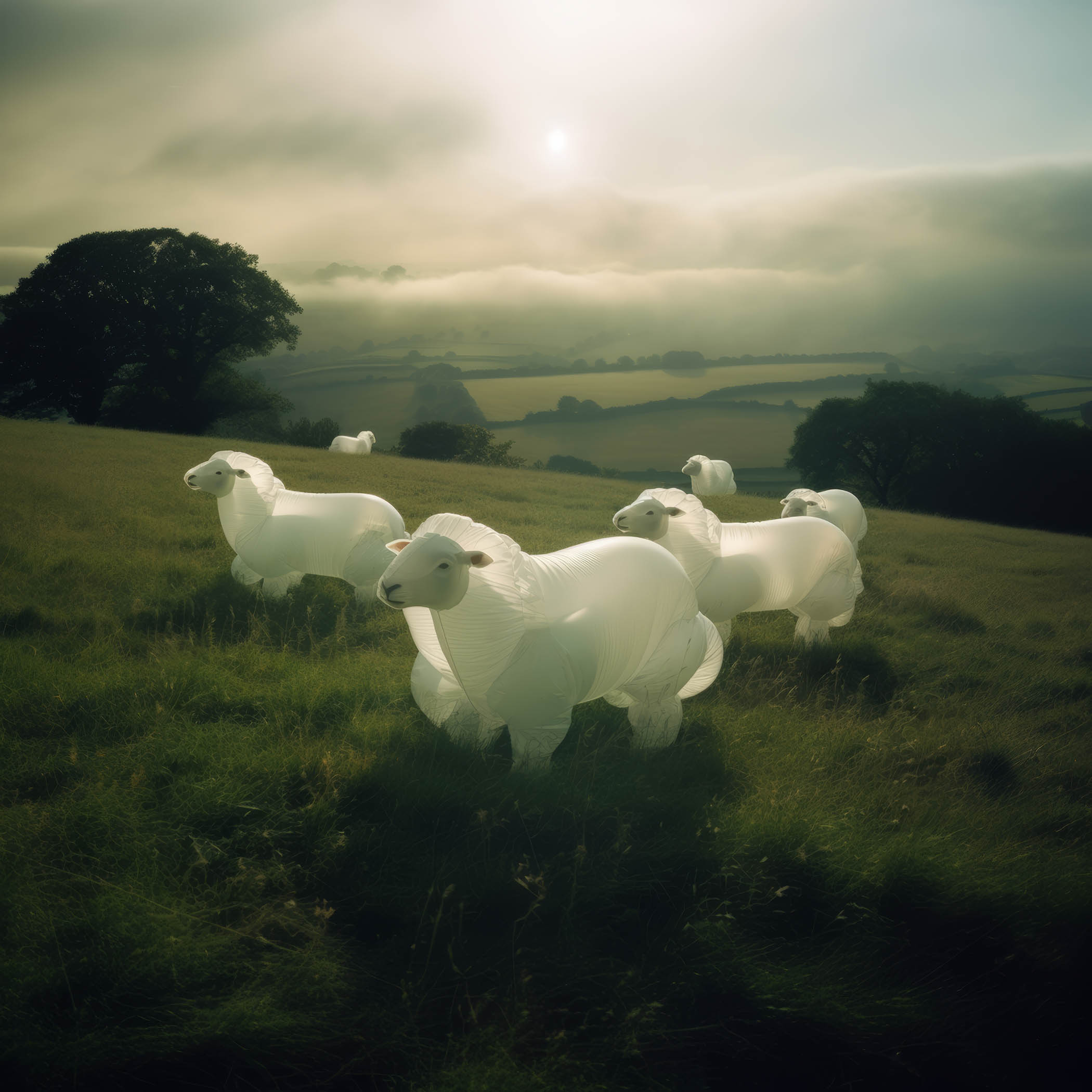 Inflatable sheep on a hillside