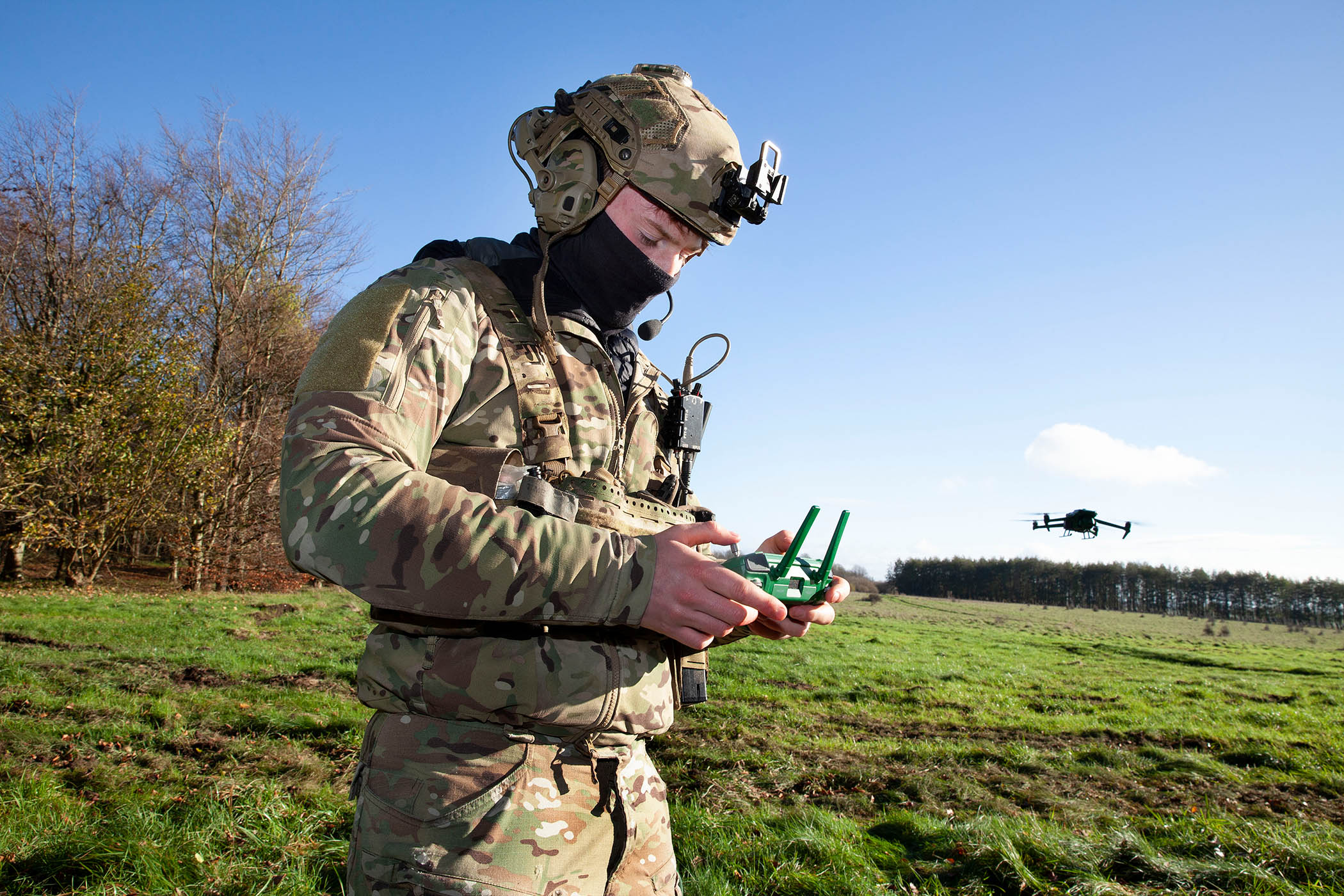 A marine operates a military drone while taking part in the Titan Storm exercise on Salisbury Plain